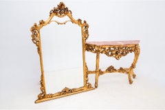 Golden Console with Mirror, Roccoco, France, Mid-20th Century