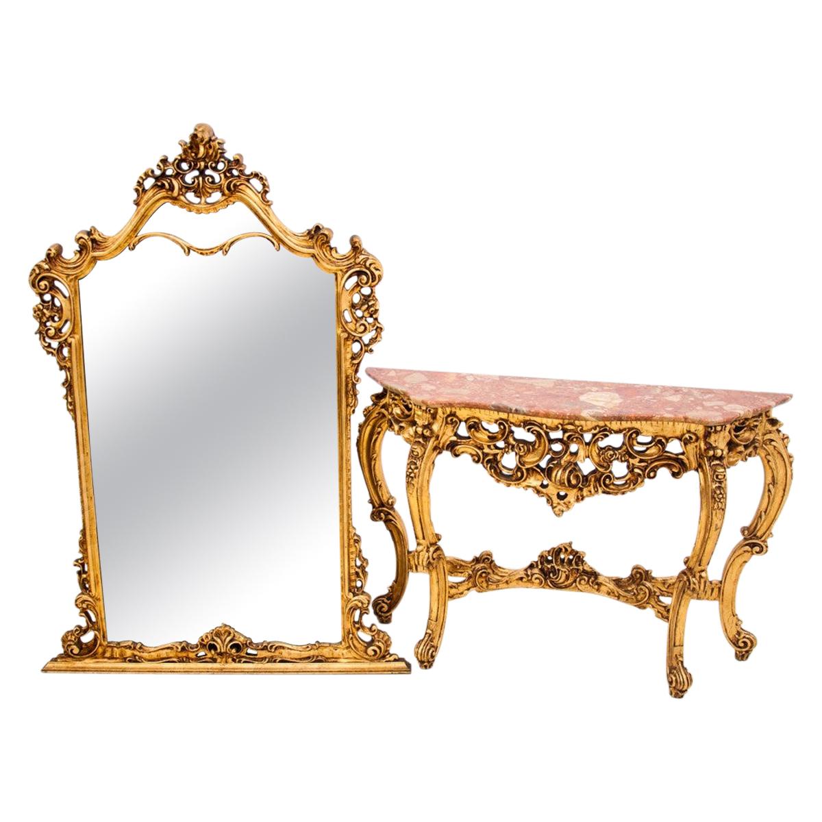 Golden Console with Mirror, Roccoco, France, Mid-20th Century