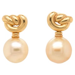 Golden Cultured Pearl and 18 Carat Yellow Gold Love Knot Dangle Earrings