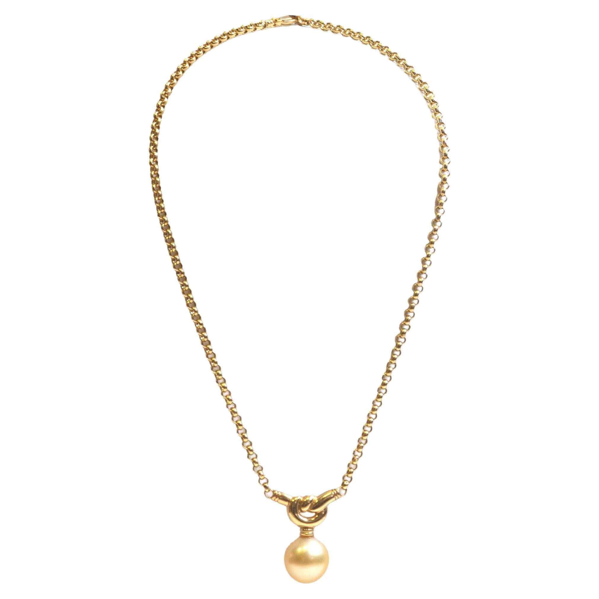Golden Cultured Pearl and 18 Carat Yellow Gold Love Knot Pendant Necklace For Sale