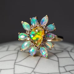 Golden Dahlia – Fire Opal & Australian Opal Floral Diamond Engagement Ring 14K Y