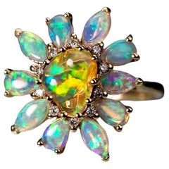 Golden Dahlia – Fire Opal & Australian Opal Floral Diamond Engagement Ring 14K Y