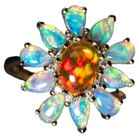 Golden Dahlia – Bague de fiançailles florale en diamant, opale de feu et opale australienne, 18 carats