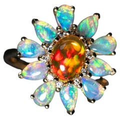 Golden Dahlia – Fire Opal & Australian Opal Floral Diamond Engagement Ring 18K