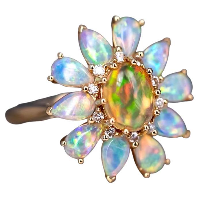 Golden Dahlia - Bague de fiançailles avec diamant floral en opale de feu et opale australienne en vente