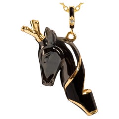 Golden Deer Whistle Pendant Necklace, Black Enamel