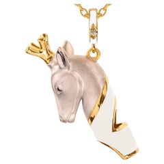 Golden Deer Whistle Pendant Necklace, White Enamel