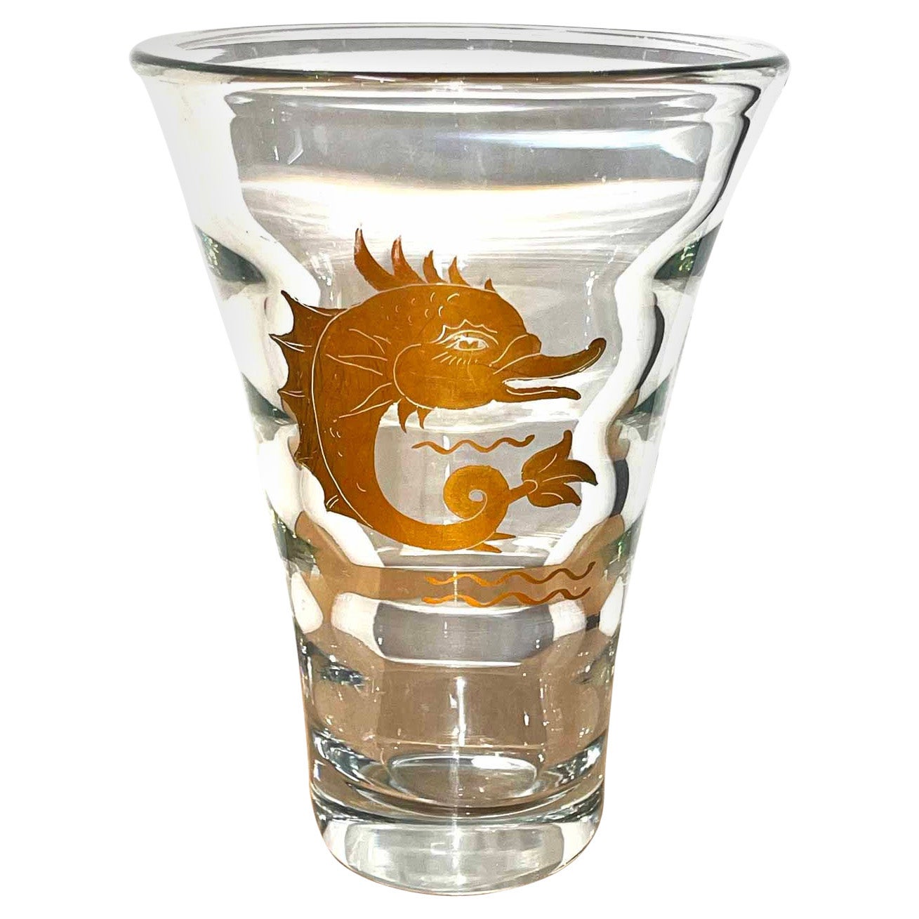 "Golden Dolphin, " Art Deco Glass Vase with Enameled Decoration, Sweden, 1930s