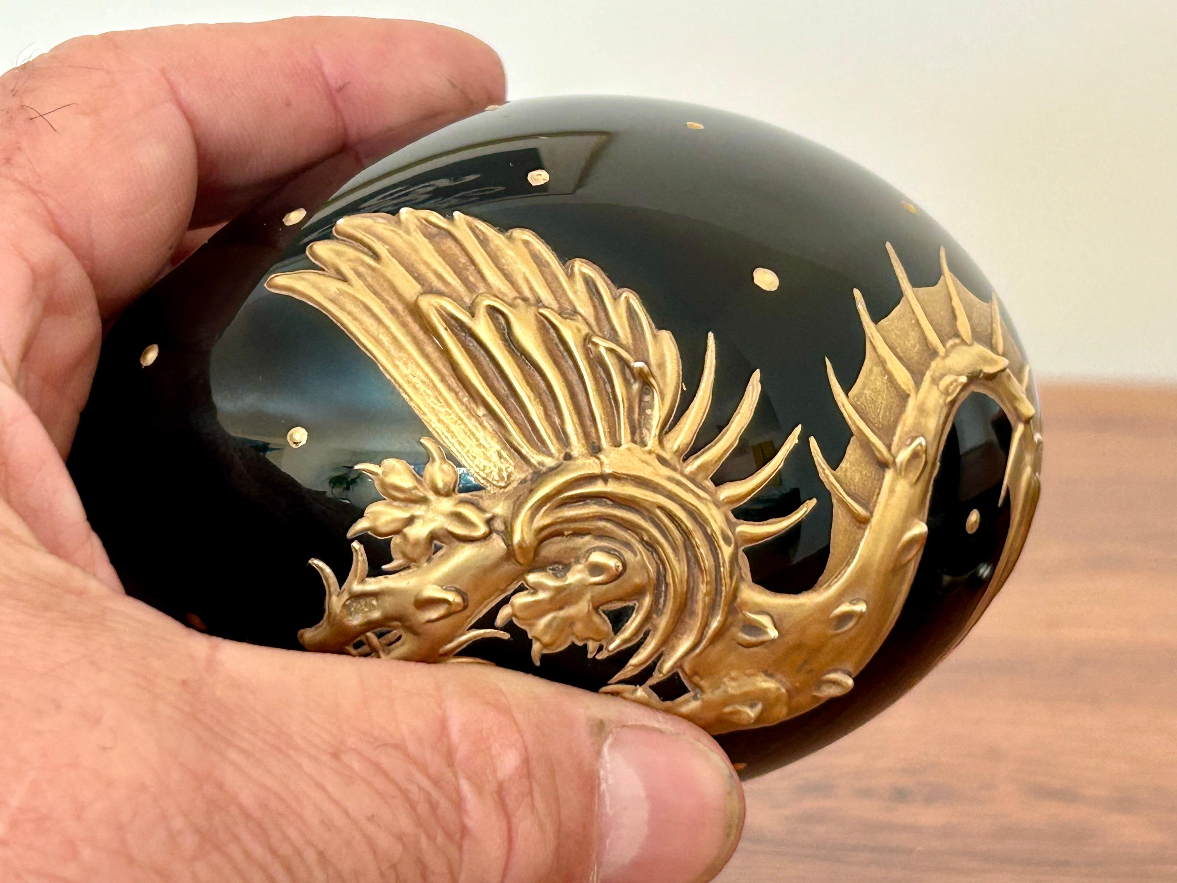 Hand-Crafted Golden Dragon Black Crystal Faberge Egg Objet d'Art  For Sale
