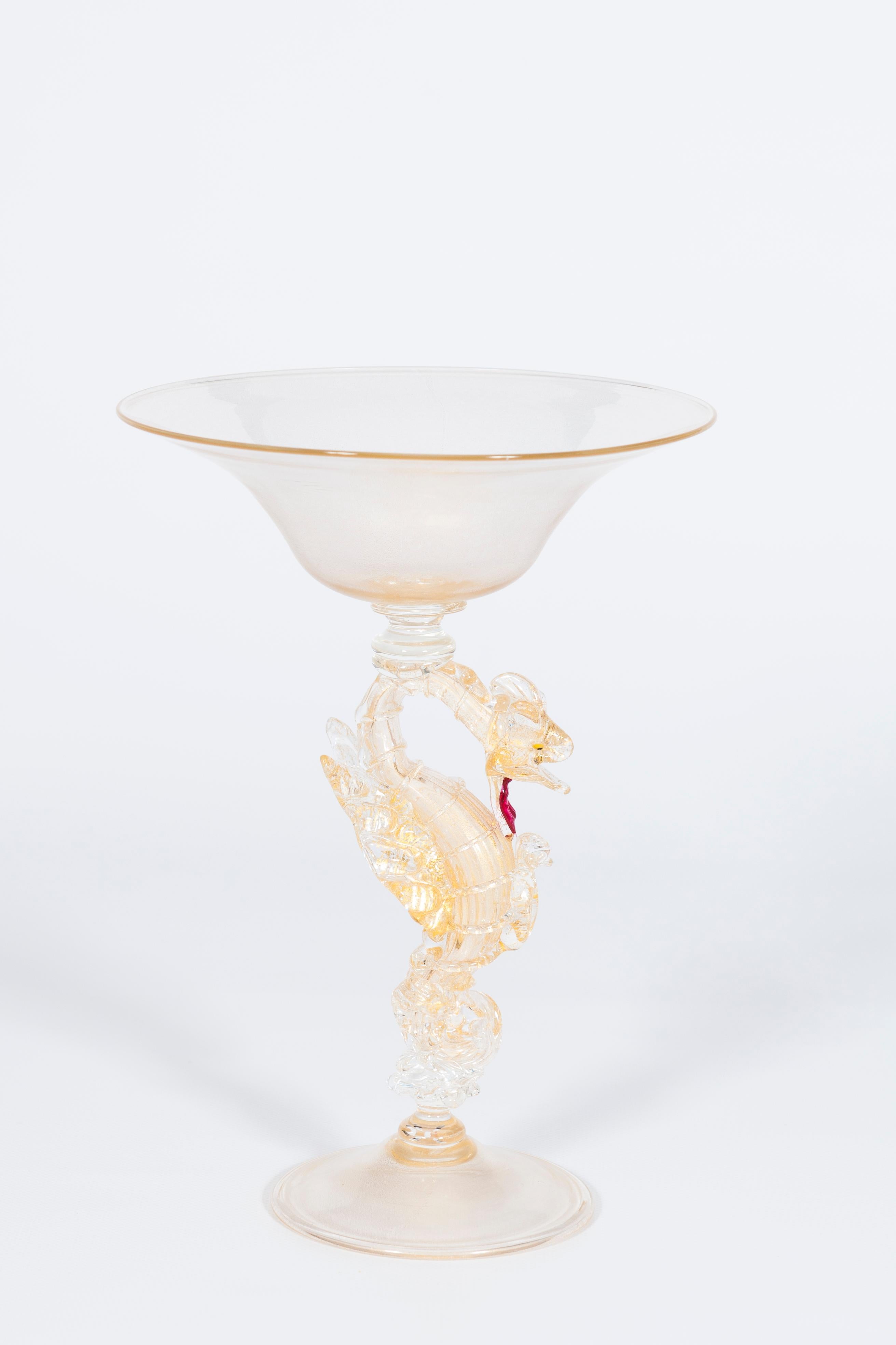 Italian Golden Dragon Footed Bowl in Clear Murano Glass and Gold Leaf Venice Italy 1970s For Sale
