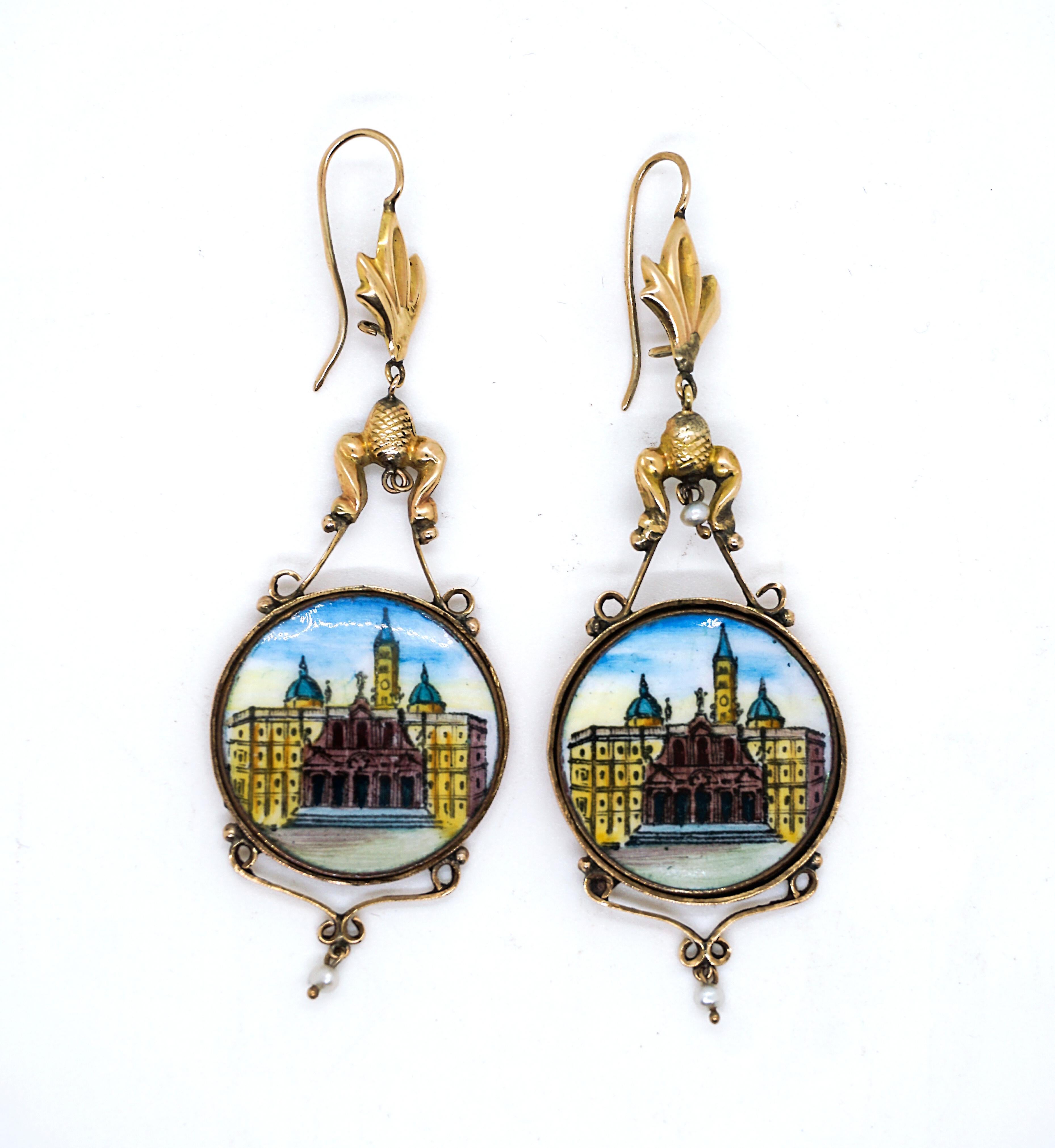Art Nouveau Golden Drop-shaped Earrings With Enamel Painted Veduta, Italy Around 1890 For Sale