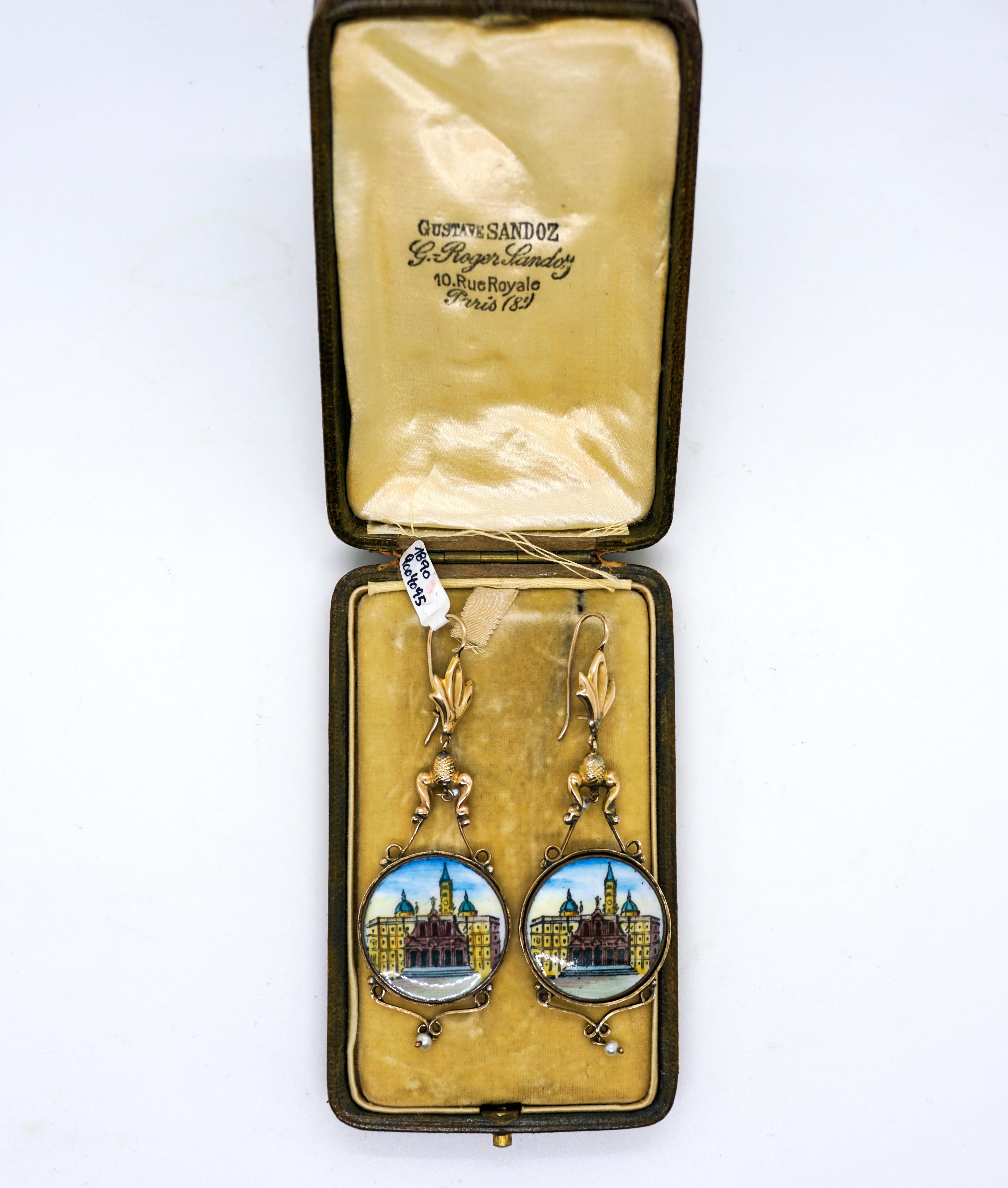 Golden Drop-shaped Earrings With Enamel Painted Veduta, Italy Around 1890 In Good Condition For Sale In Vienna, AT
