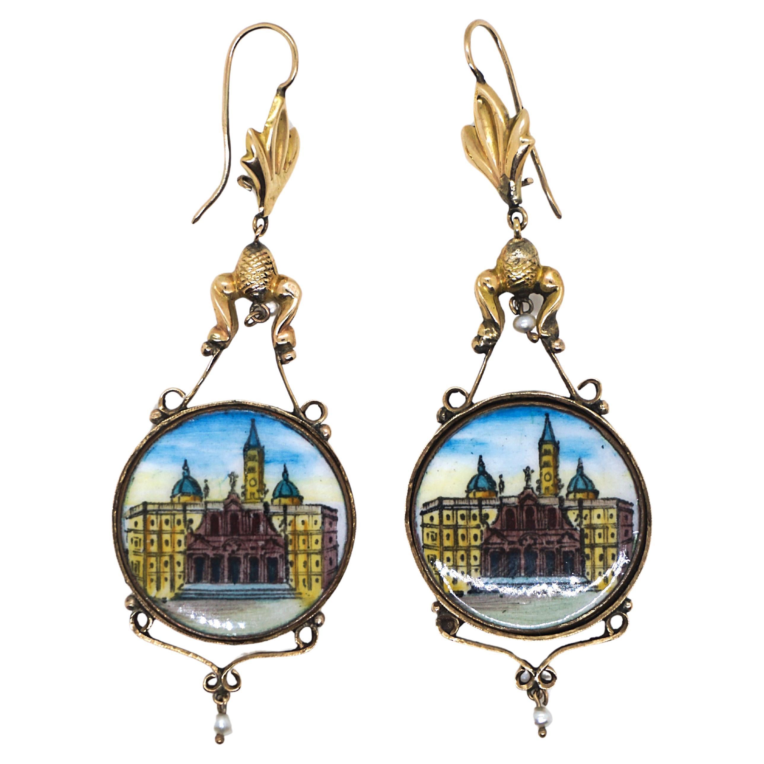 Golden Drop-shaped Earrings With Enamel Painted Veduta, Italy Around 1890 For Sale