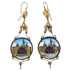 Antique Golden Drop-shaped Earrings With Enamel Painted Veduta, Italy Around 1890