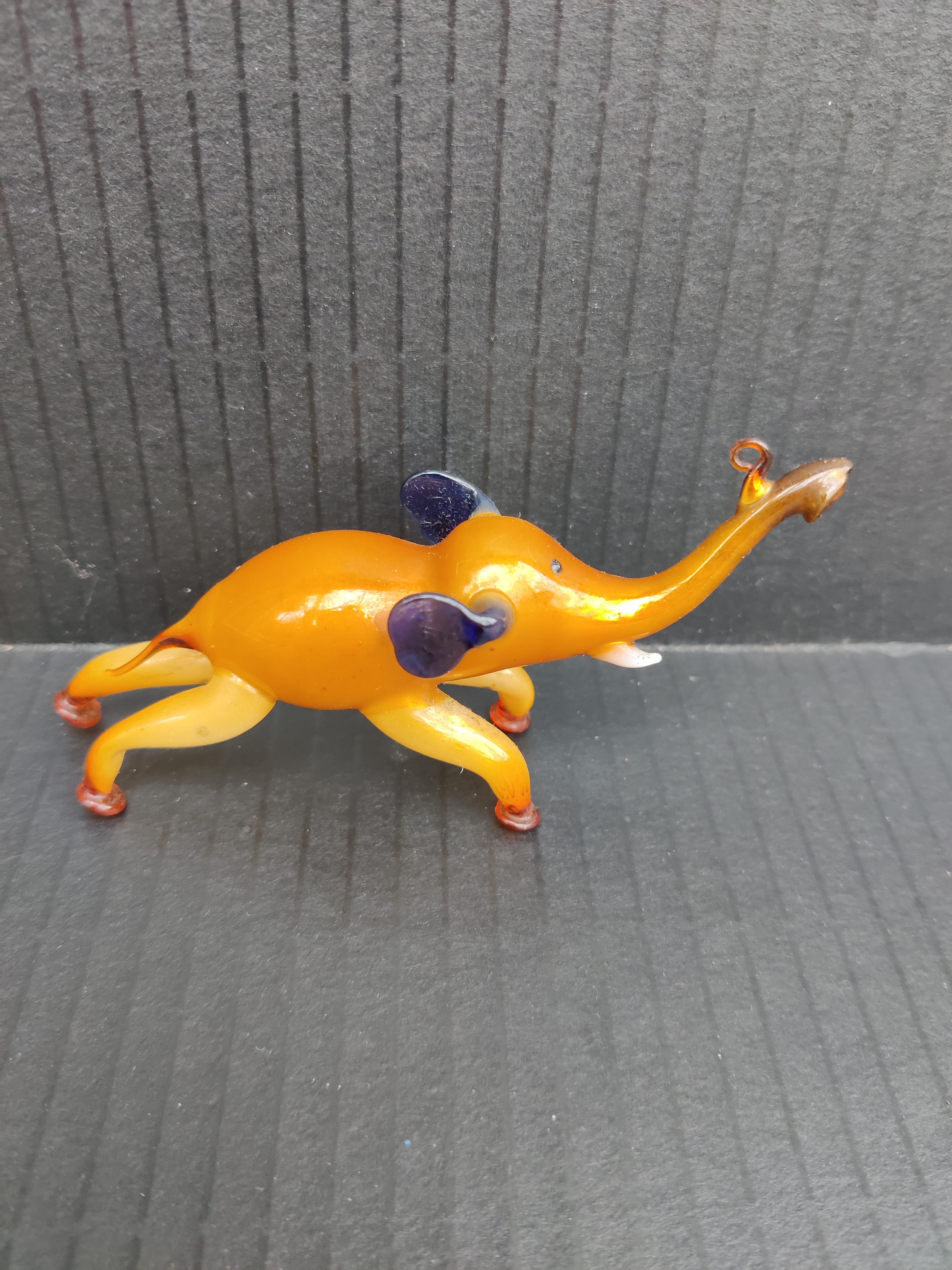 Golden Elephant with Blue Ears and White Tusk German Blown-Glass Ornament In Good Condition For Sale In Cincinnati, OH