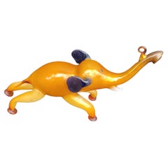 Golden Elephant with Blue Ears and White Tusk German Blown-Glass Ornament