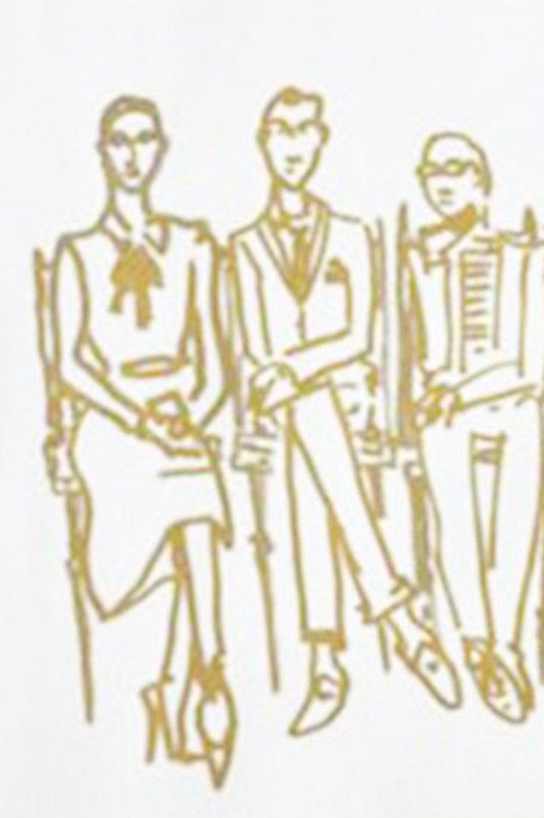 Golden Fashion Show Front Row by Manuel Santelices
This painting is on archival paper featuring fashion icons.
Dimensions: 12 in. x 34 in.
One of a kind painting done with a Gold pen marker on archival paper 
Unframed

Manuel Santelices explores the