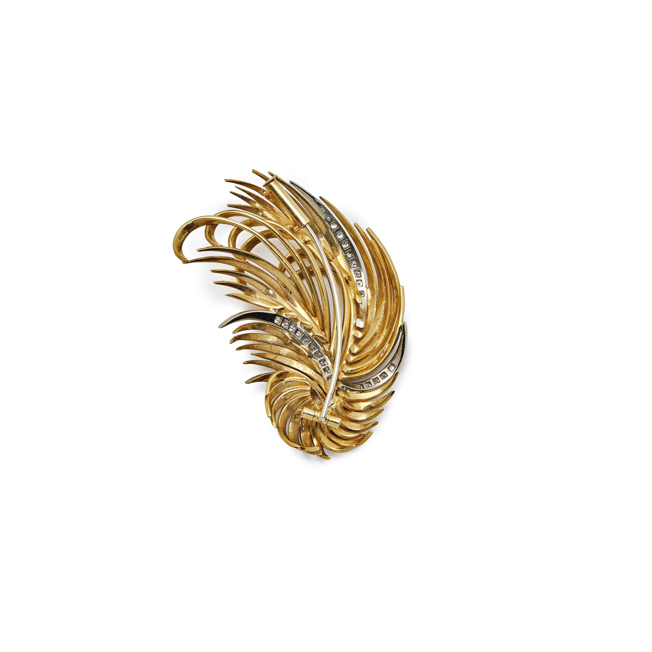 Single Cut Golden Feather Vintage Brooch For Sale