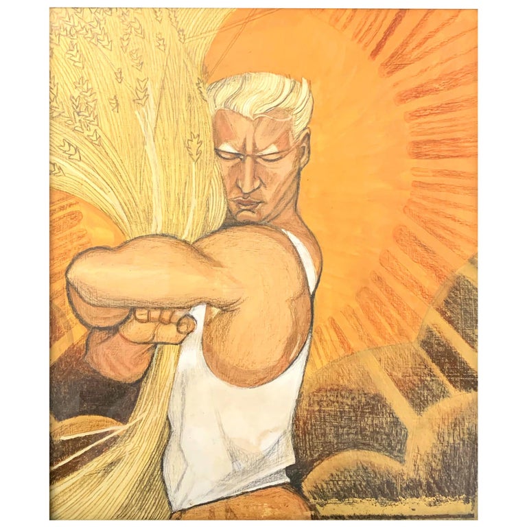 "Golden Fields," Allegorical Mural Study with Laborer Embracing Wheat Sheaf For Sale