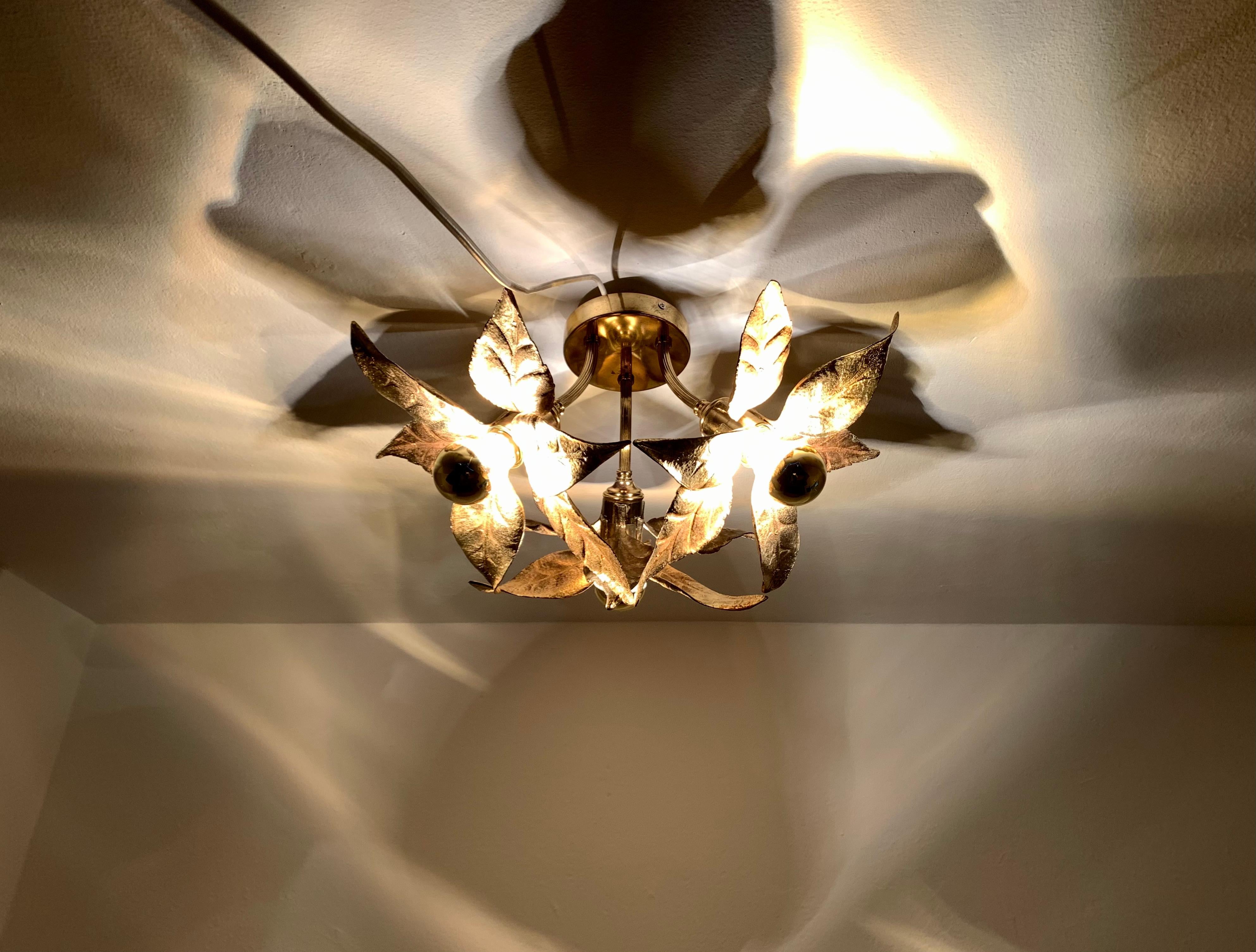 Golden Floral Hollywood Regency Flush Lamp by Willy Daro for Massive For Sale 4