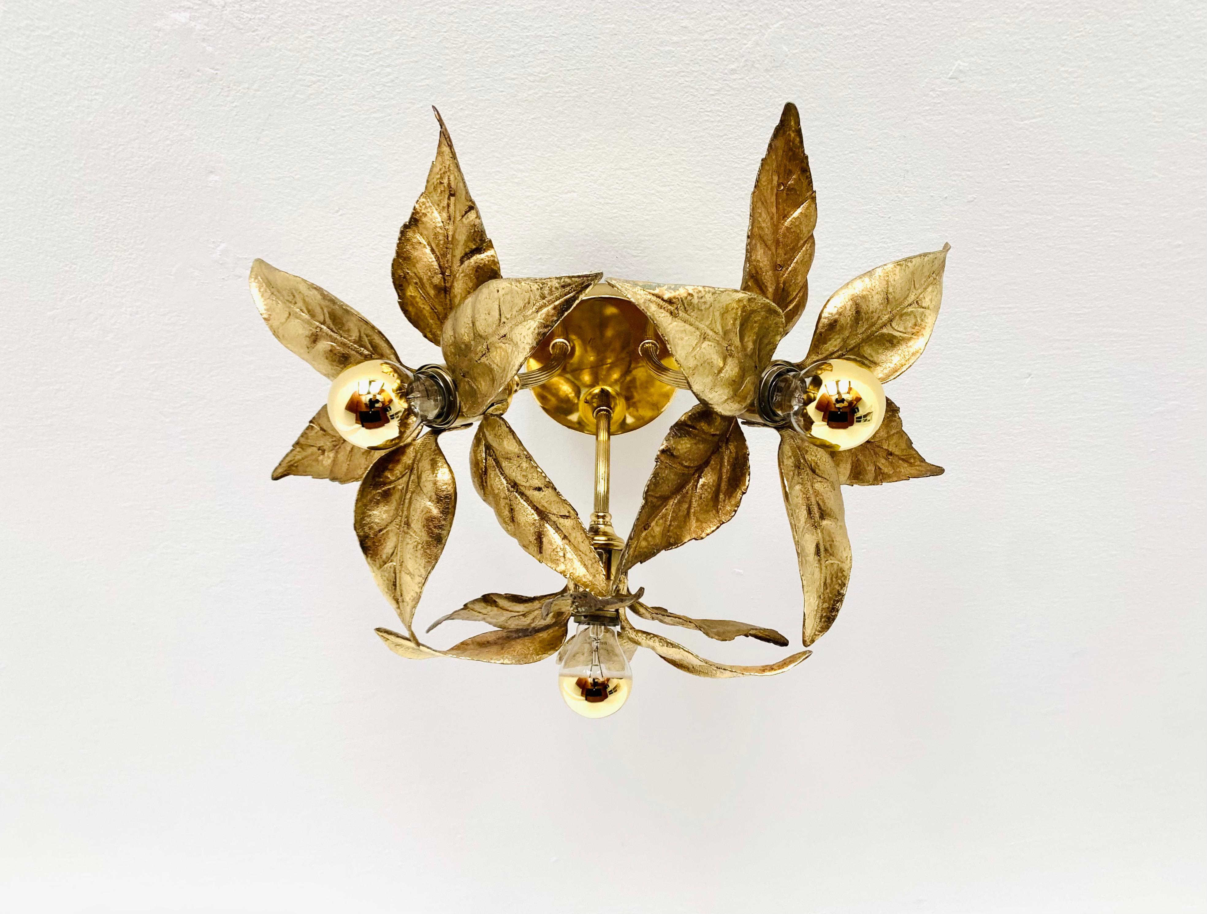 Mid-Century Modern Golden Floral Hollywood Regency Flush Lamp by Willy Daro for Massive For Sale