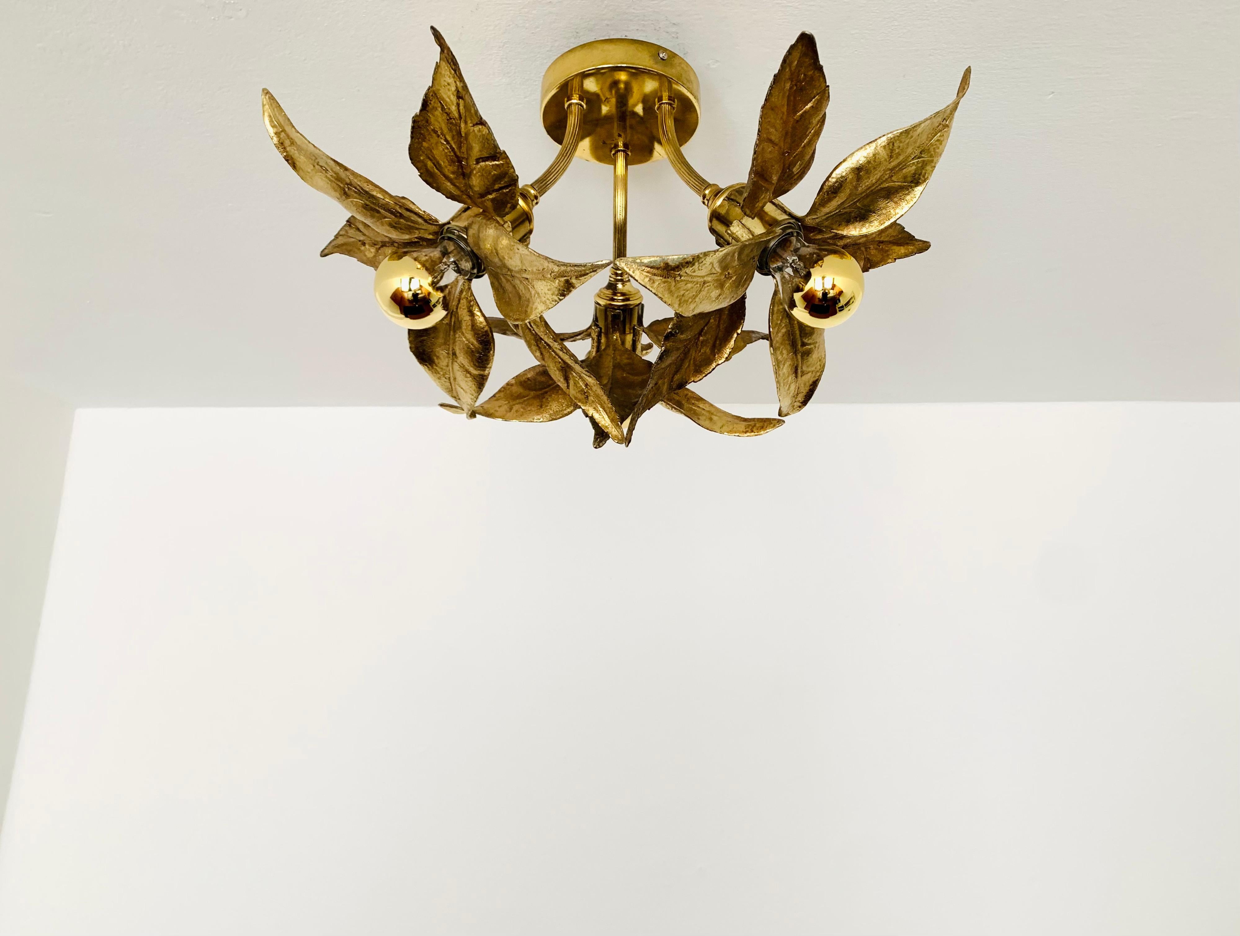 Belgian Golden Floral Hollywood Regency Flush Lamp by Willy Daro for Massive For Sale