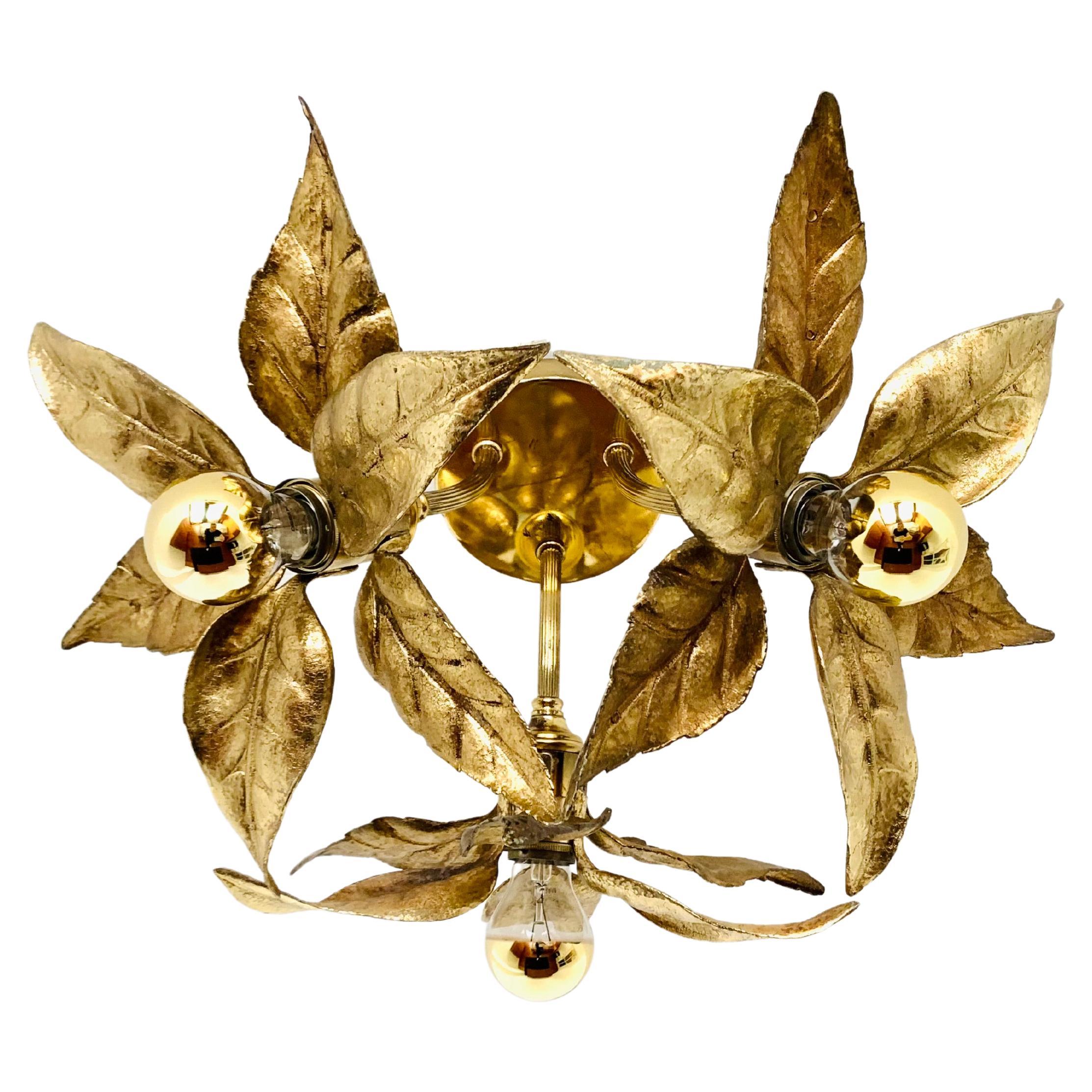 Golden Floral Hollywood Regency Flush Lamp by Willy Daro for Massive For Sale