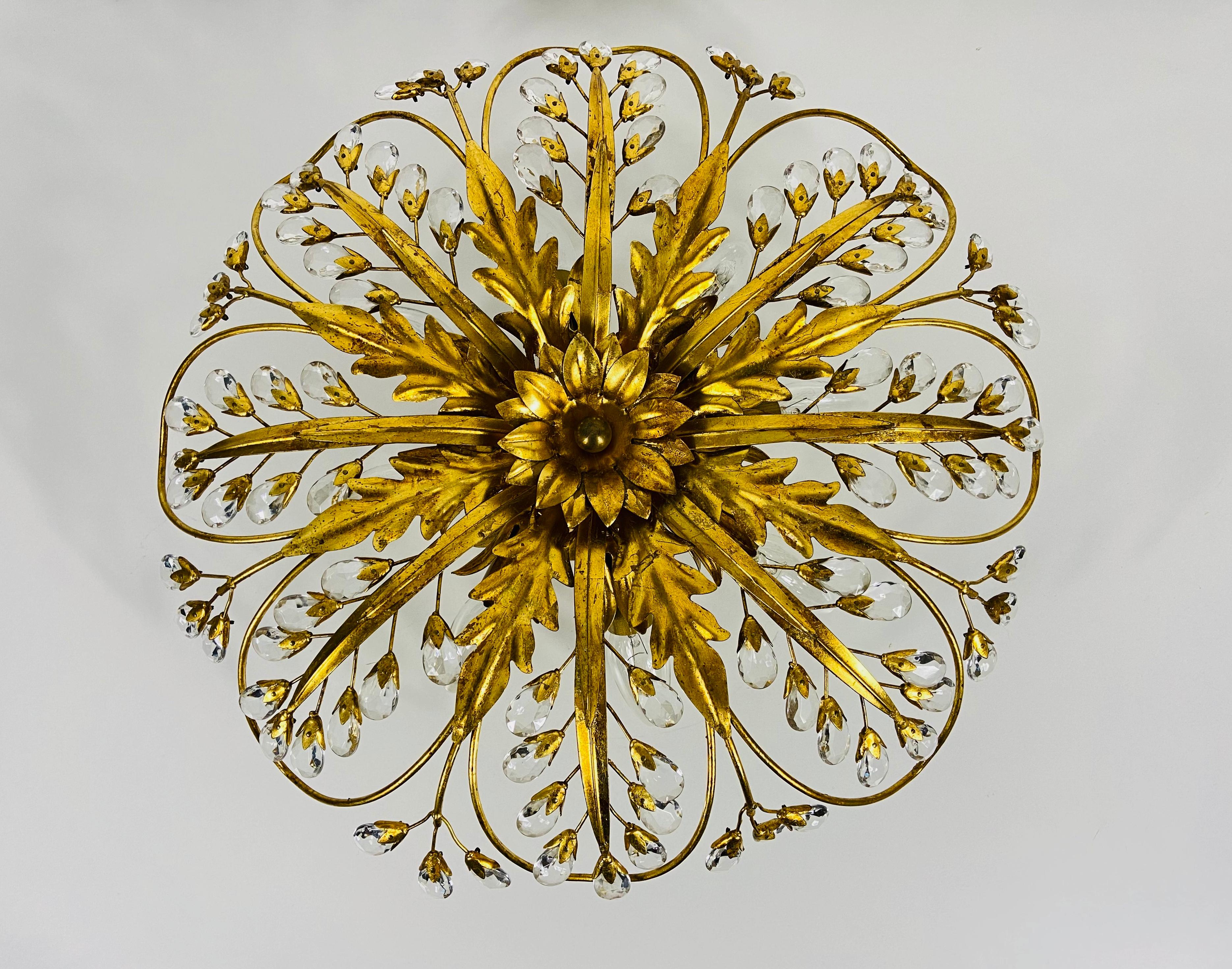 Hollywood Regency Golden Florentine Flower Shape Flushmount Attributed to Banci Firenze, 1950s
