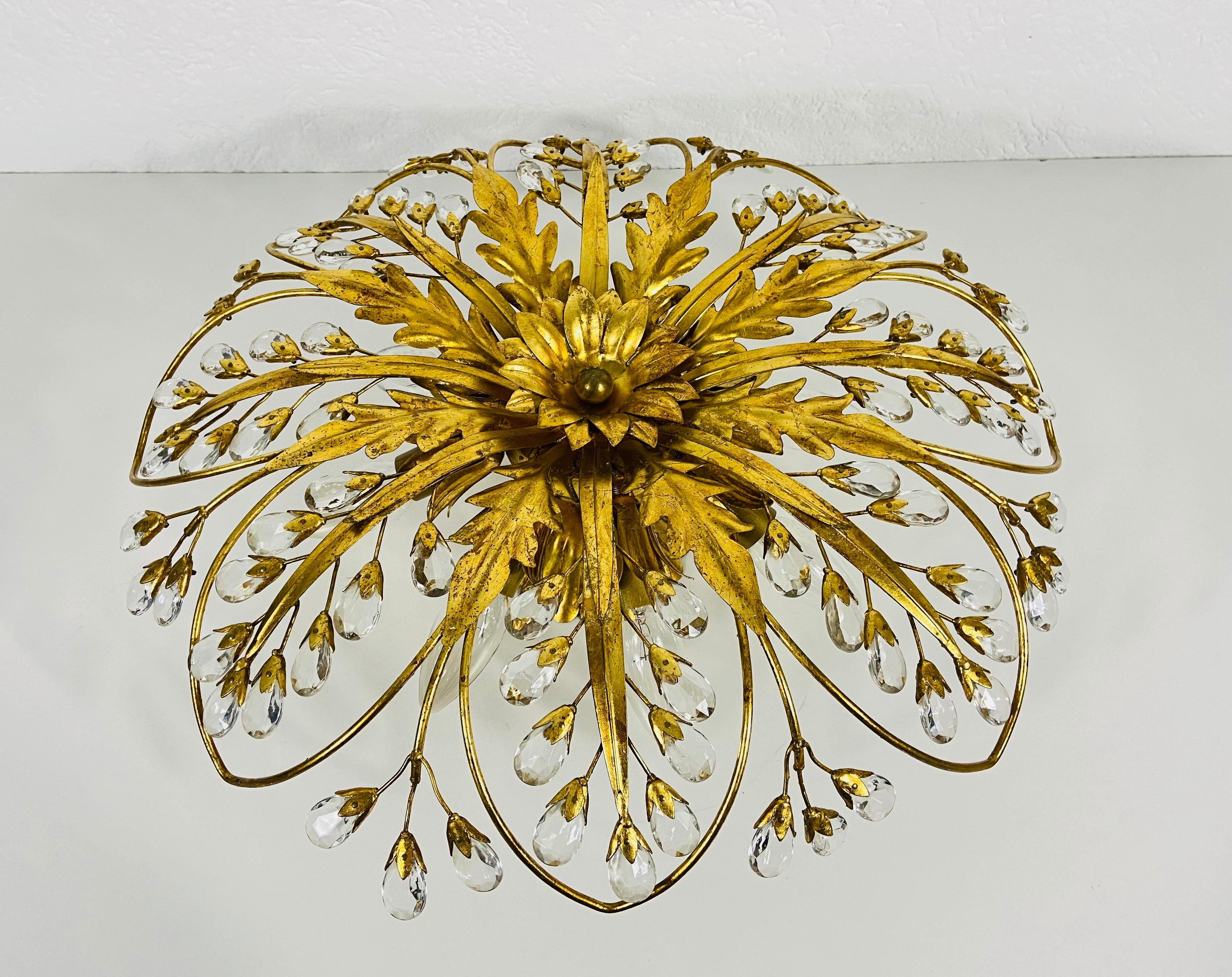 Hand-Crafted Golden Florentine Flower Shape Flushmount Attributed to Banci Firenze, 1950s