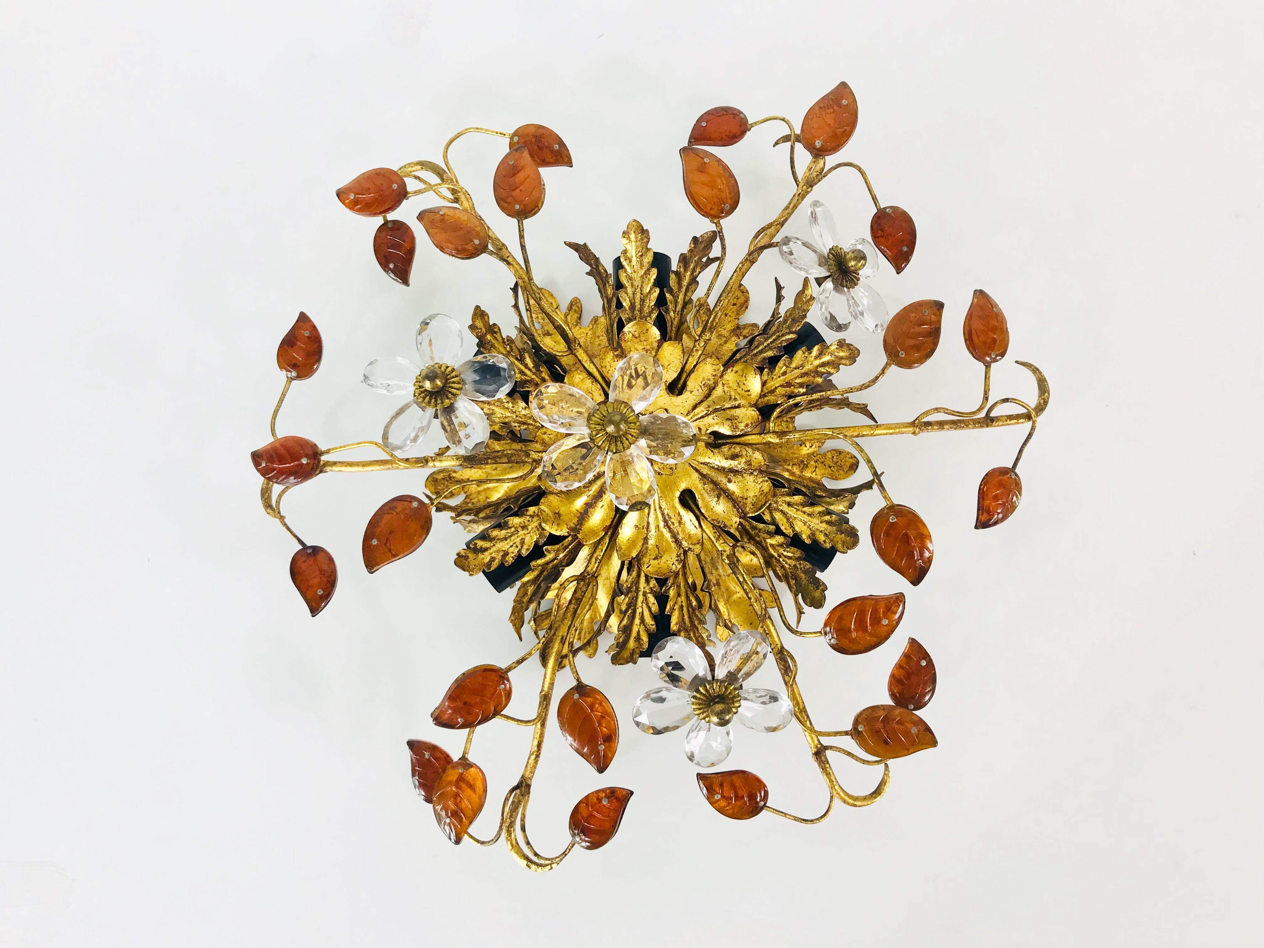 Metal Golden Florentine Flower Shape Flush Mount by Banci Firenze, Italy, 1950s