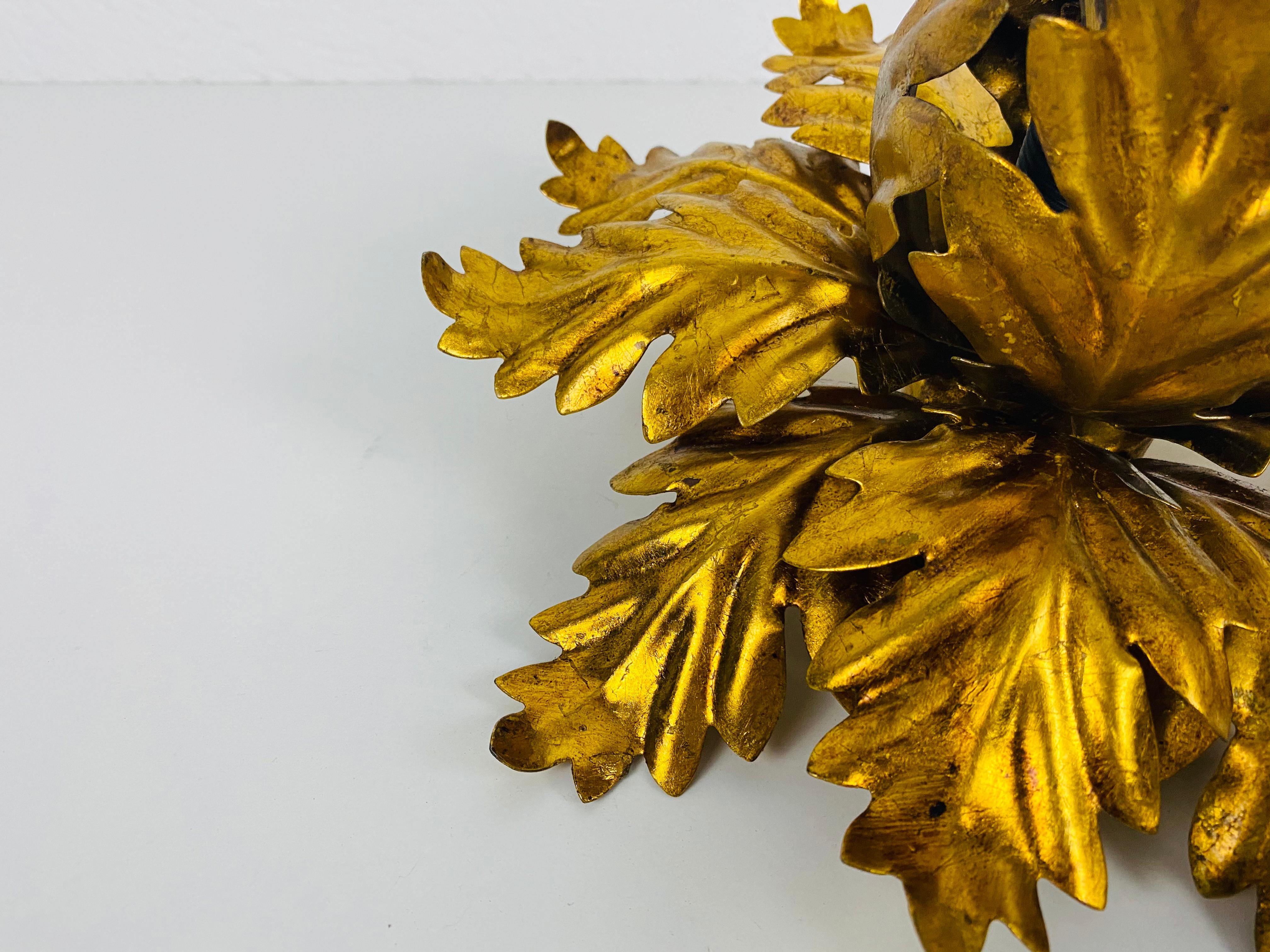 Hollywood Regency Golden Florentine Flower Shape Flushmount by Banci, Italy, 1970s For Sale