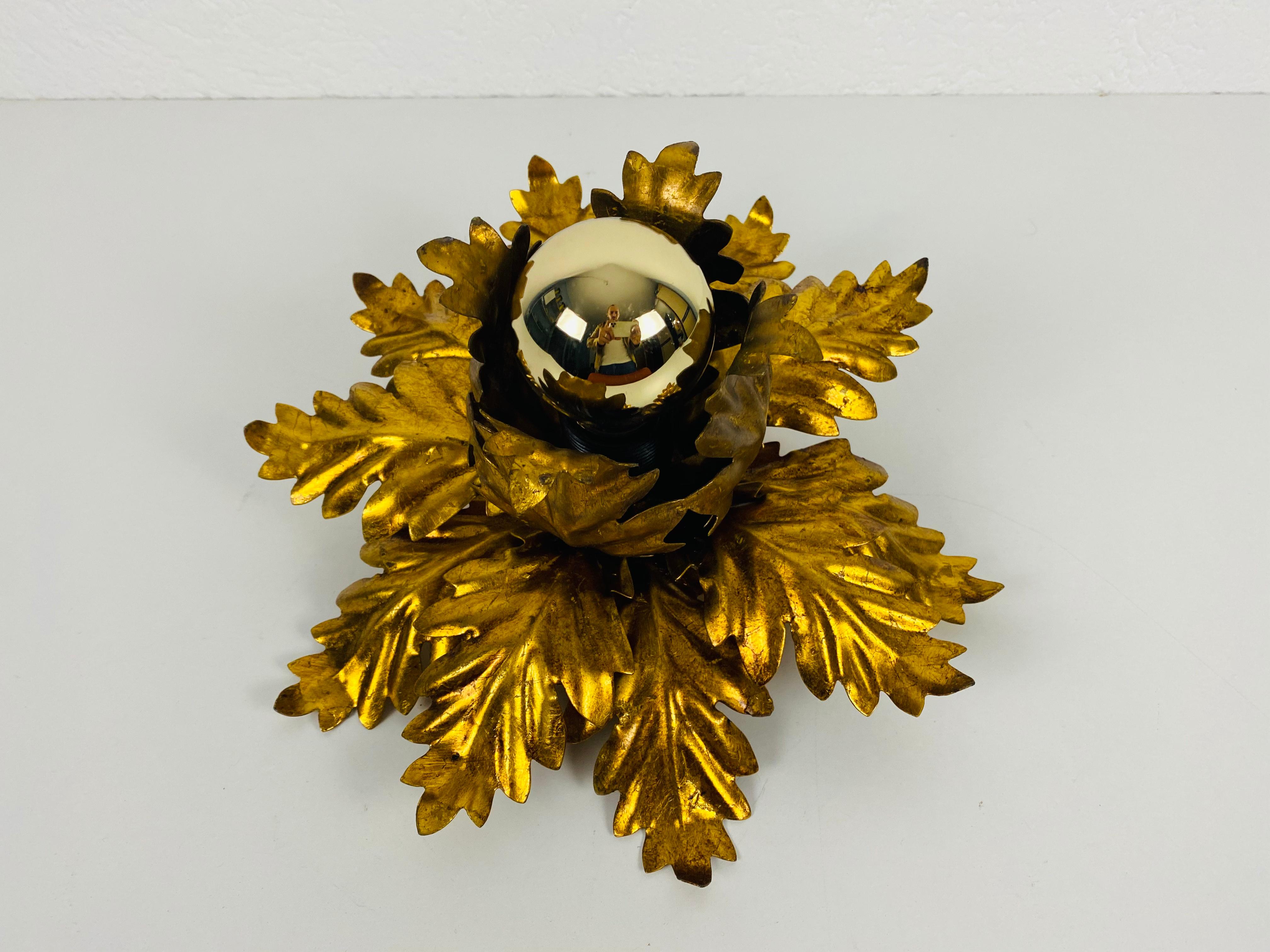 Hand-Crafted Golden Florentine Flower Shape Flushmount by Banci, Italy, 1970s For Sale