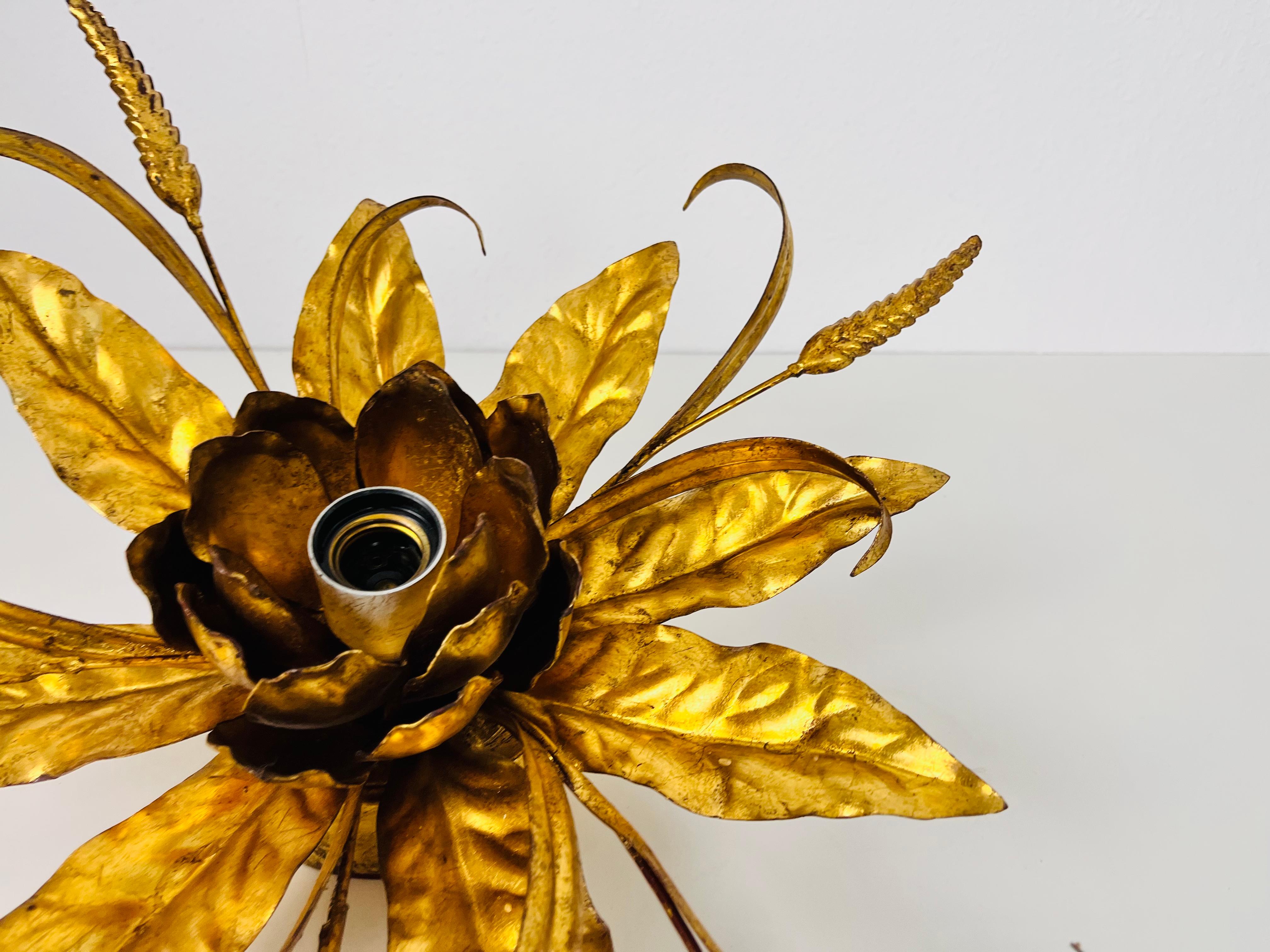 Golden Florentine Flower Shape Flushmount by Hans Kögl, Germany, 1970s For Sale 5