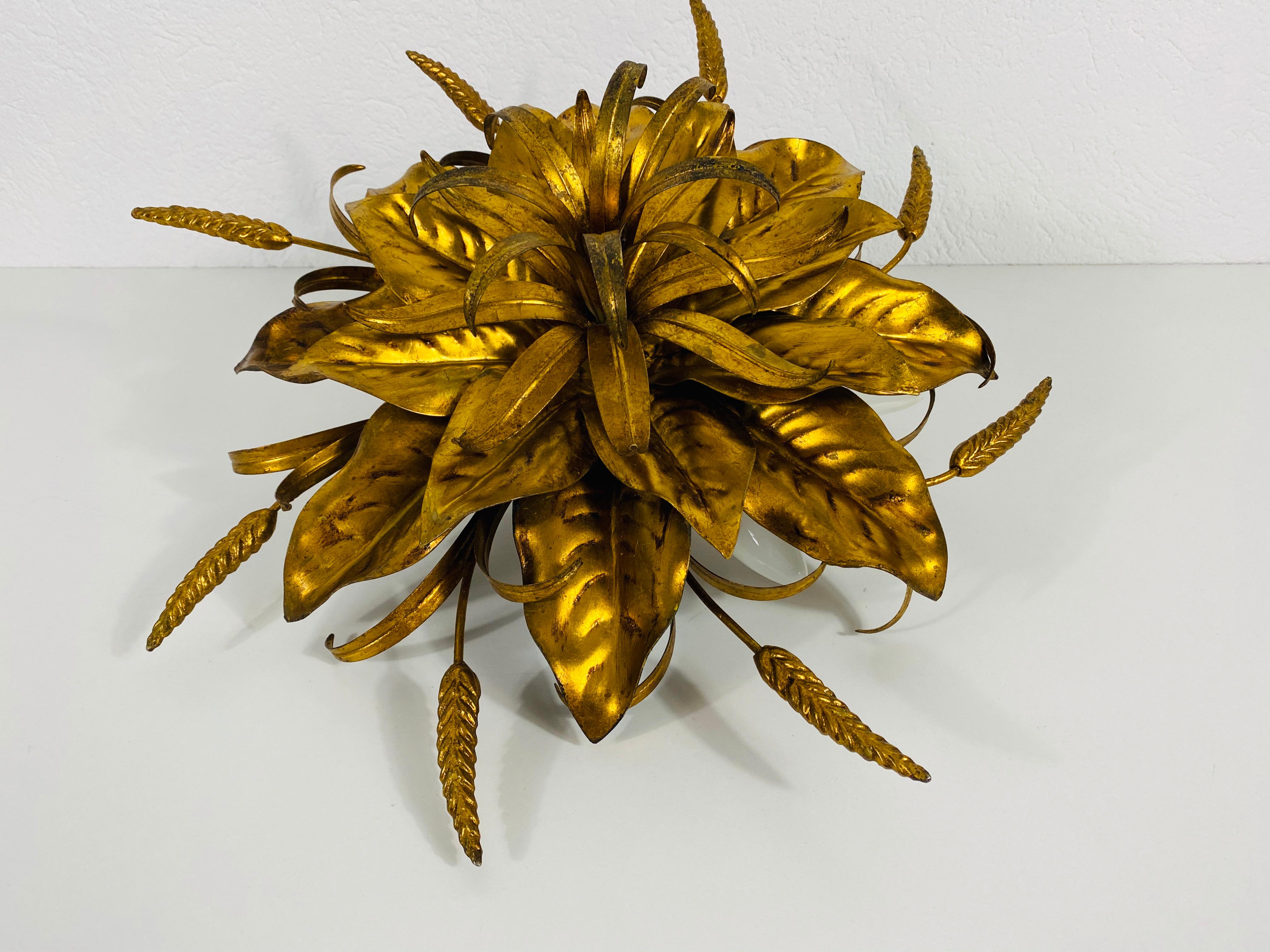Hollywood Regency Golden Florentine Flower Shape Flushmount by Hans Kögl, Germany, 1970s