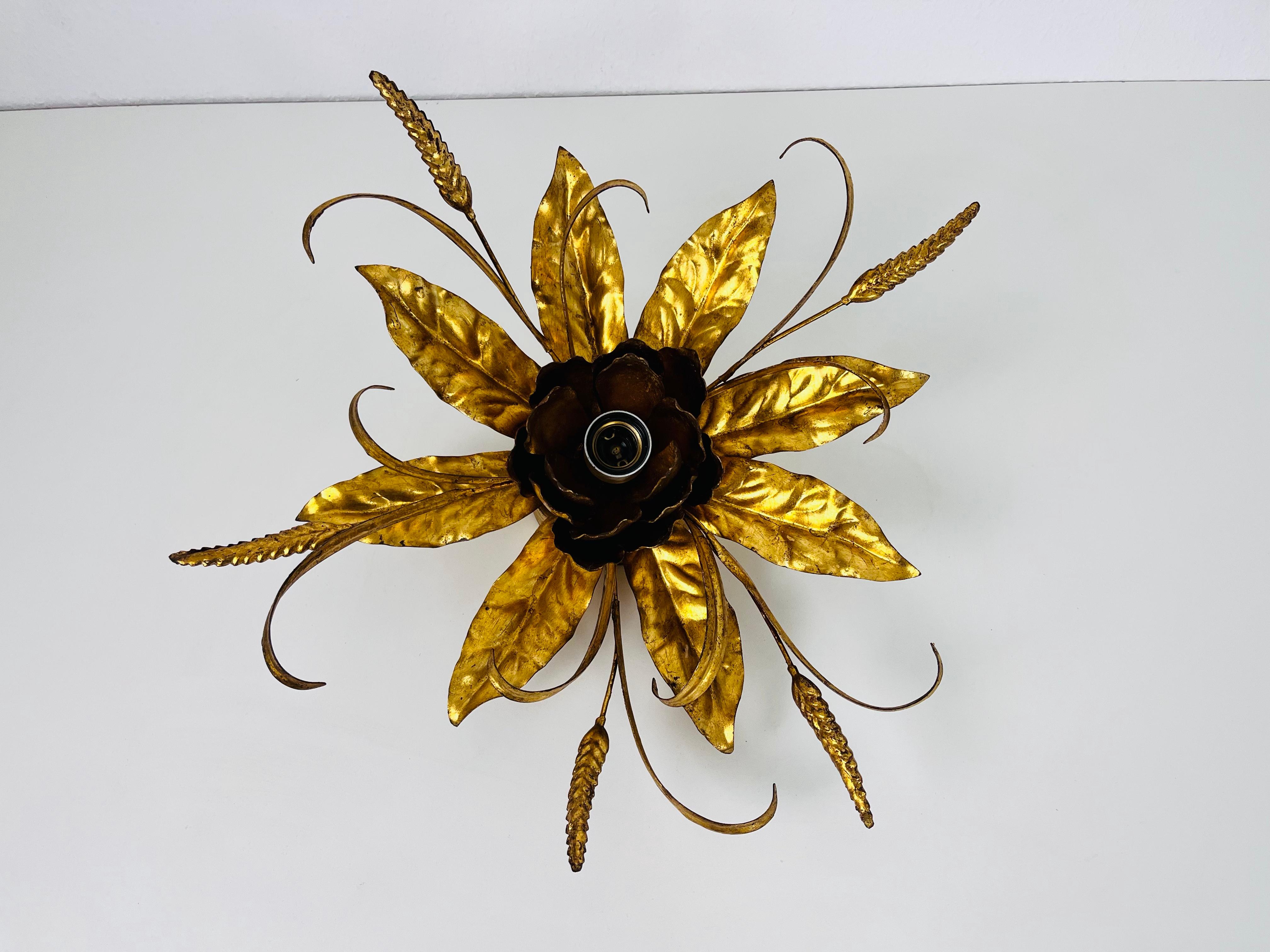 Hollywood Regency Golden Florentine Flower Shape Flushmount by Hans Kögl, Germany, 1970s For Sale