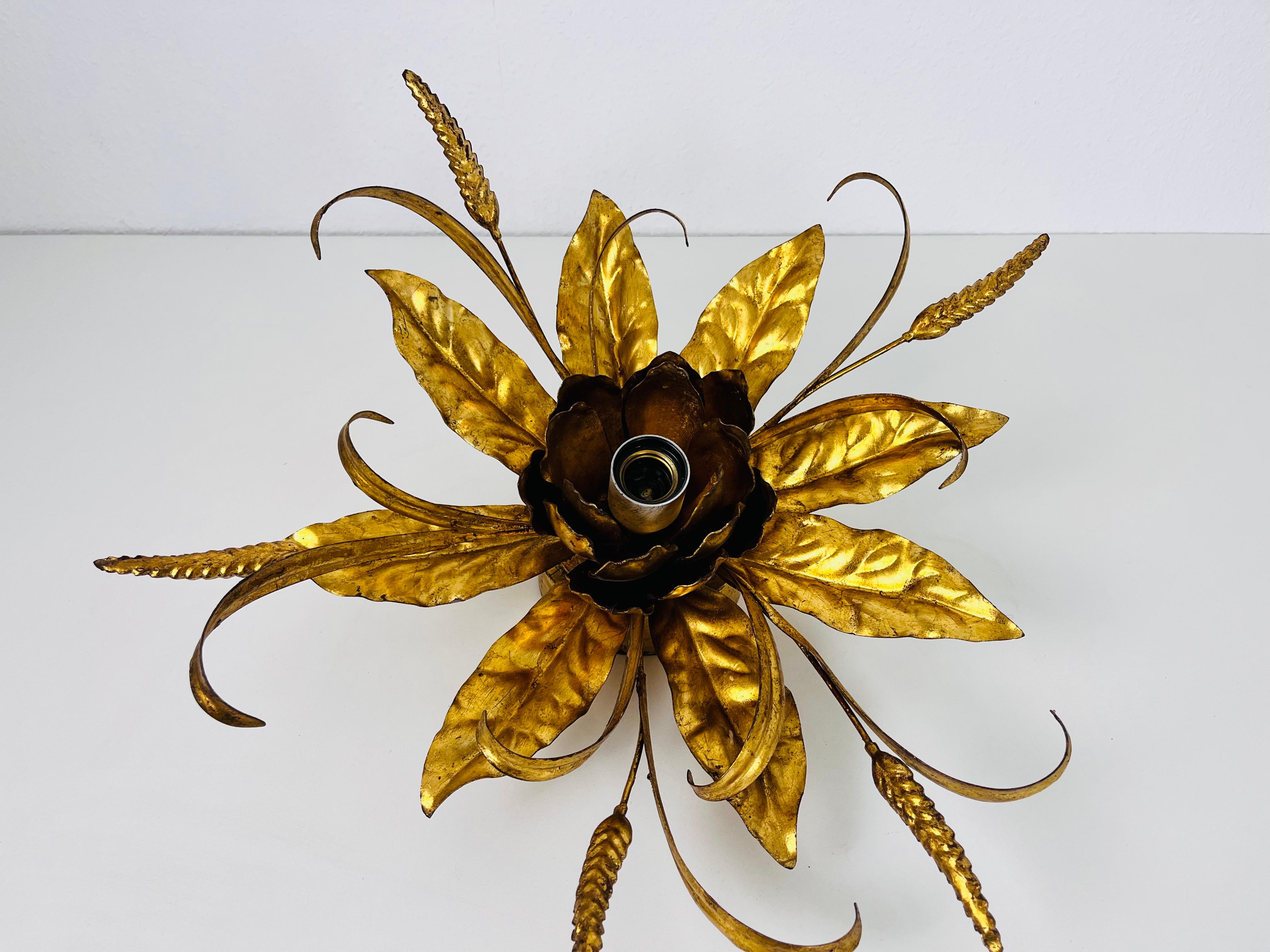 Hand-Crafted Golden Florentine Flower Shape Flushmount by Hans Kögl, Germany, 1970s For Sale