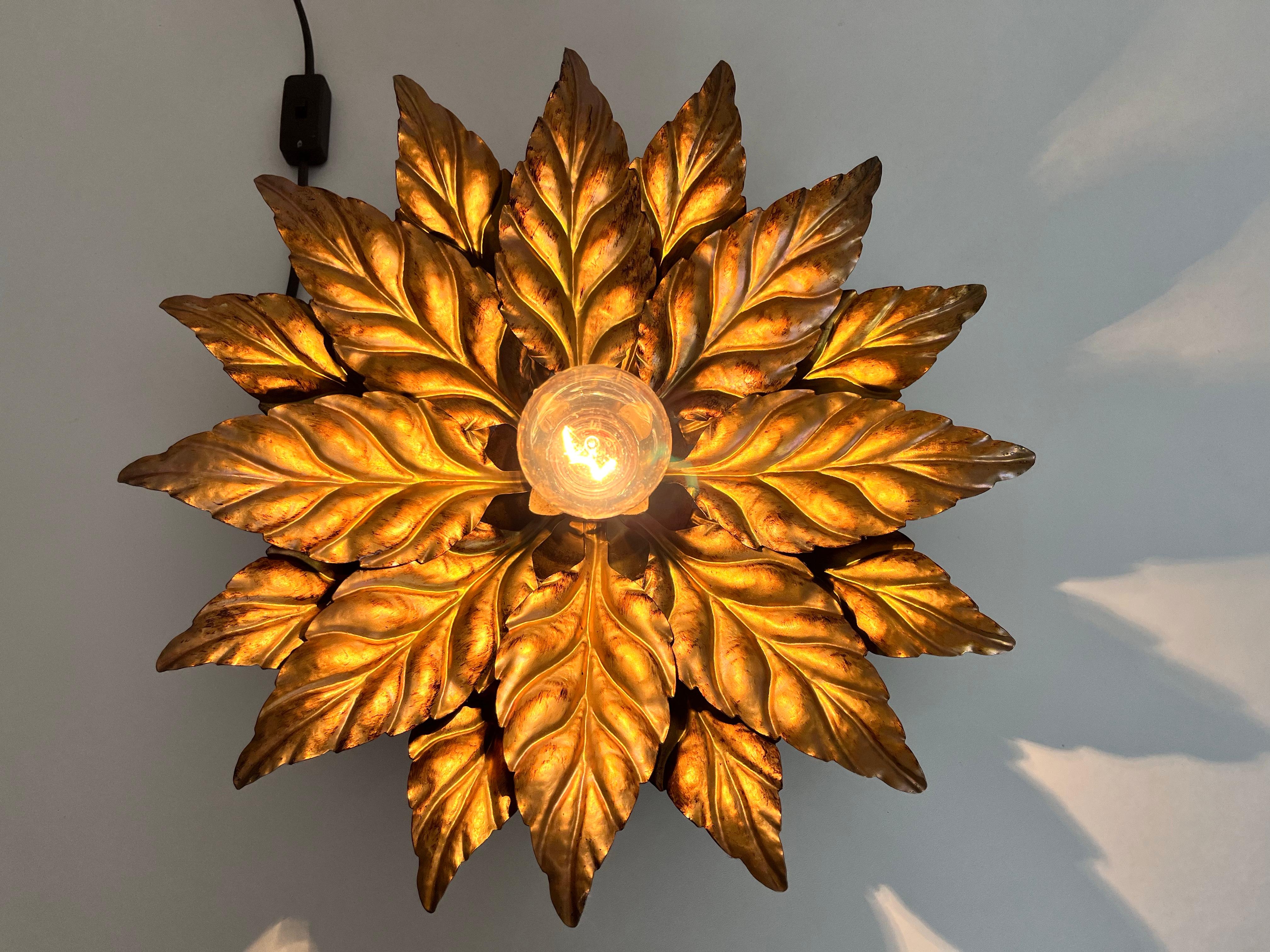 Late 20th Century Golden Florentine Flower Shape Flushmount by Hans Kögl, Germany, 1970s For Sale