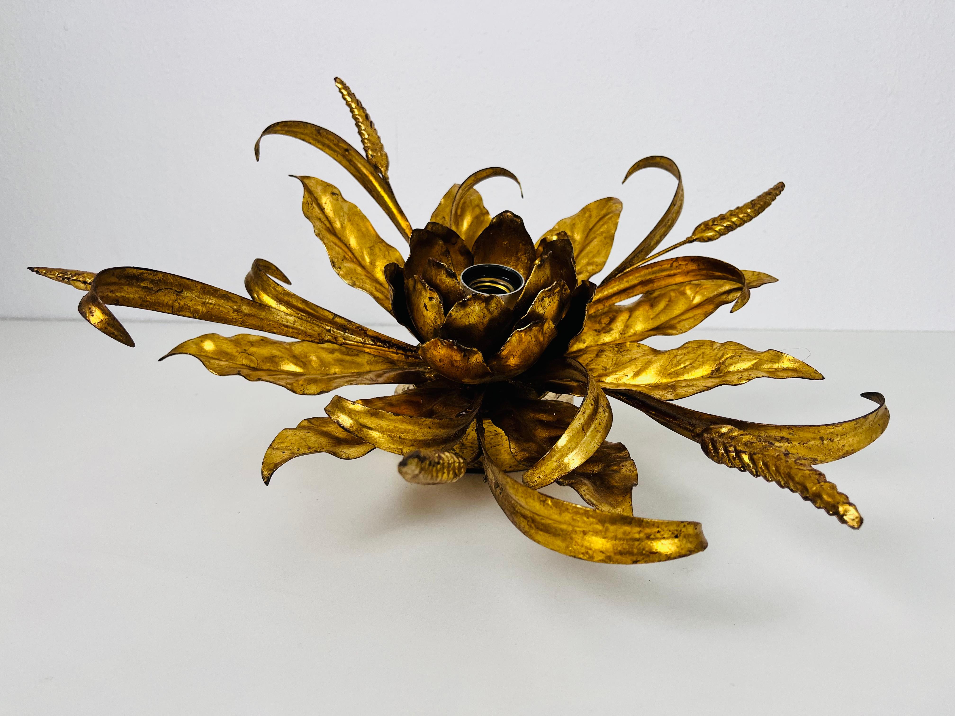 Golden Florentine Flower Shape Flushmount by Hans Kögl, Germany, 1970s For Sale 2