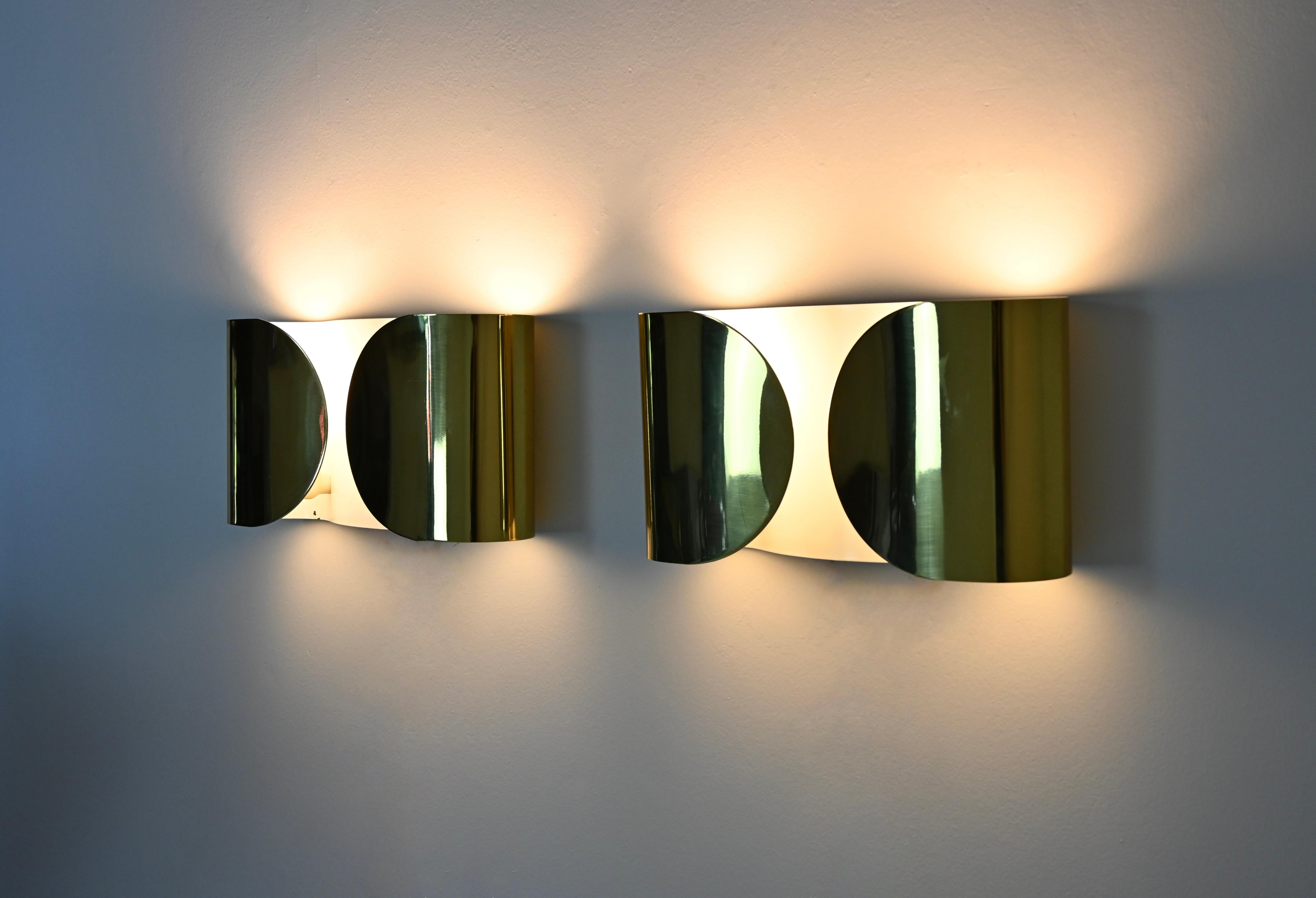 Métal Golden Foglio Wall lamps by Tobia & Afra Scarpa for Flos, 1960s, set of 2 en vente
