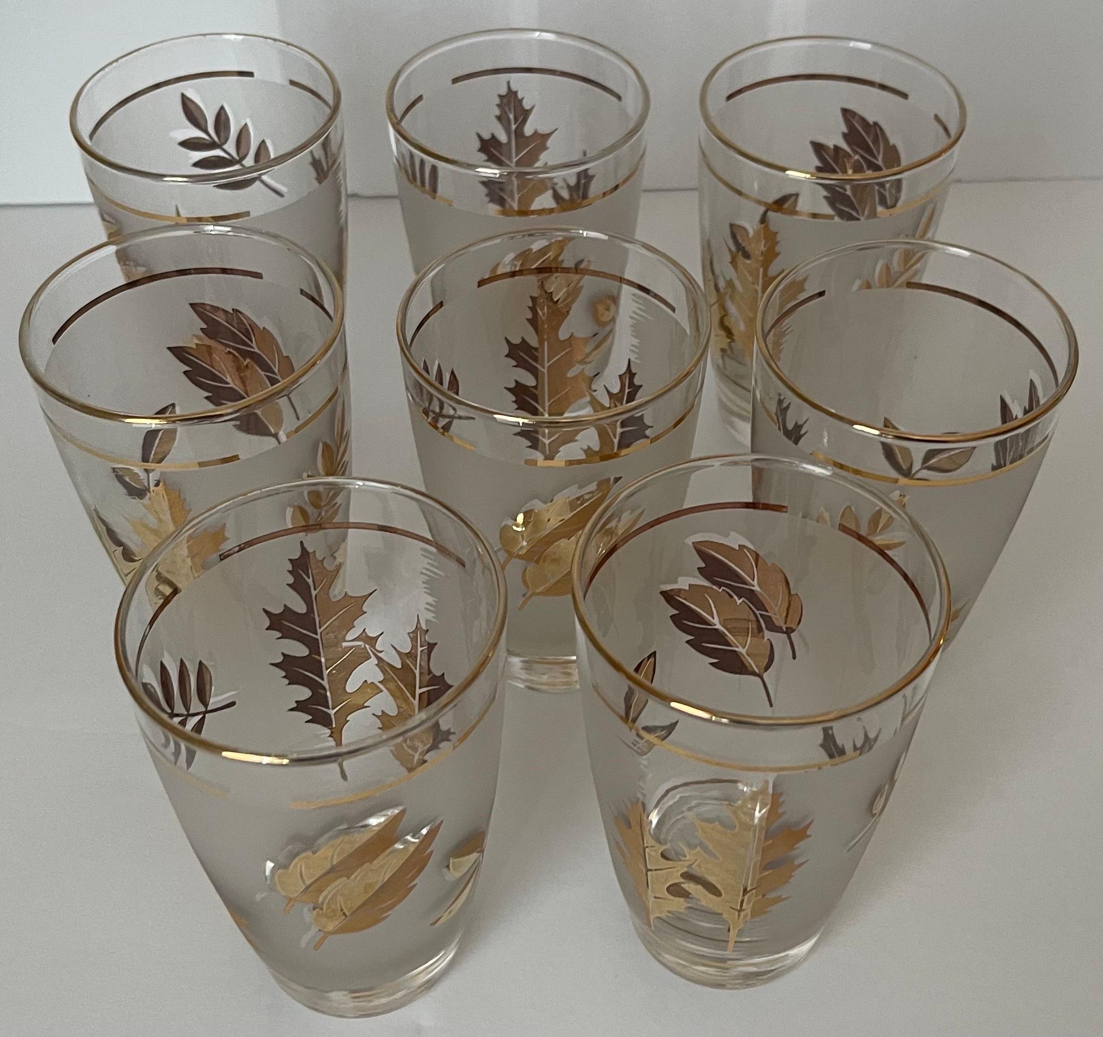Golden Foliage Leaf Highball Glasses Set of 8 and Ice Bucket by Libby Glass 2