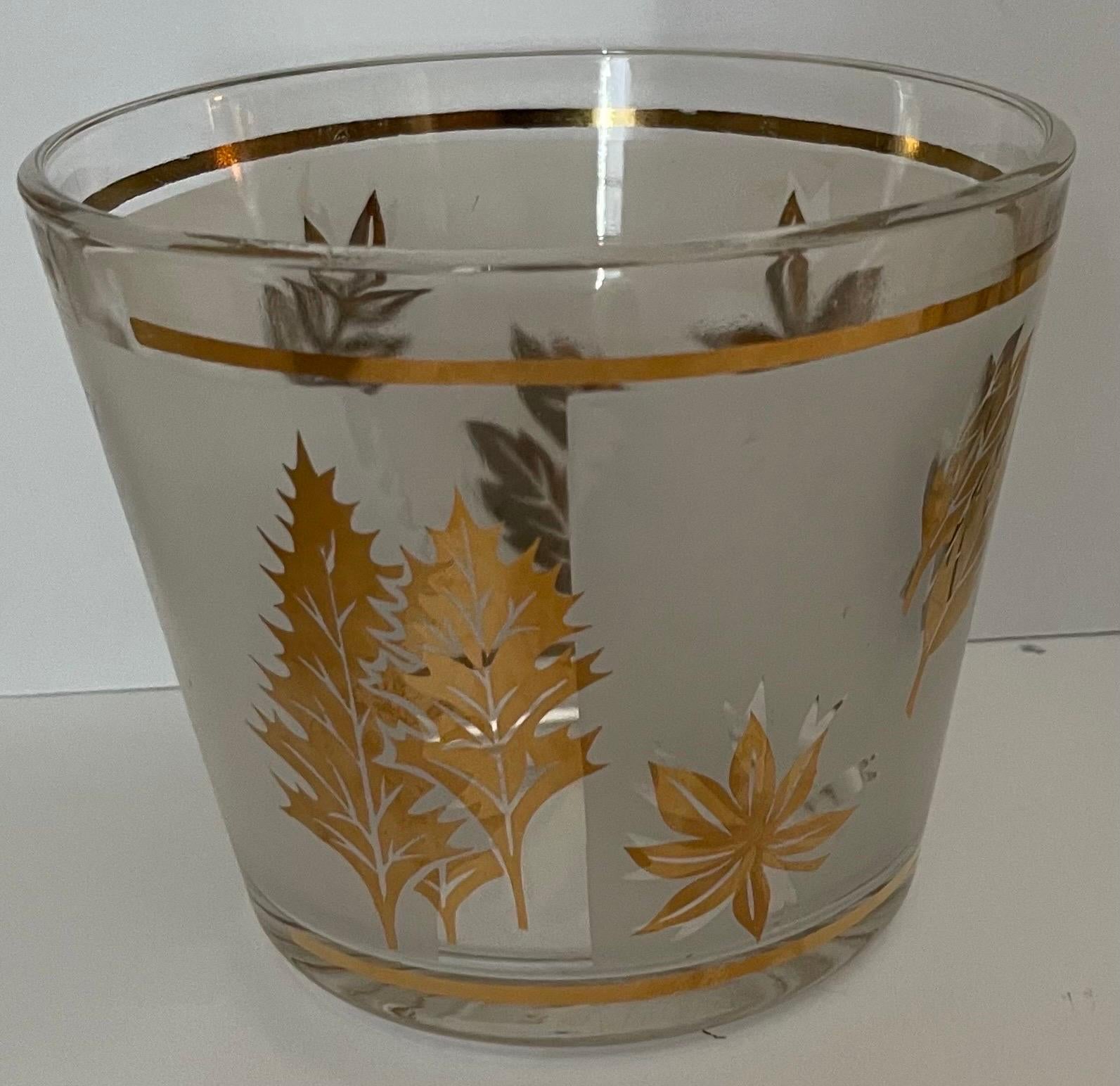 Mid-Century Modern Golden Foliage Leaf Highball Glasses Set of 8 and Ice Bucket by Libby Glass