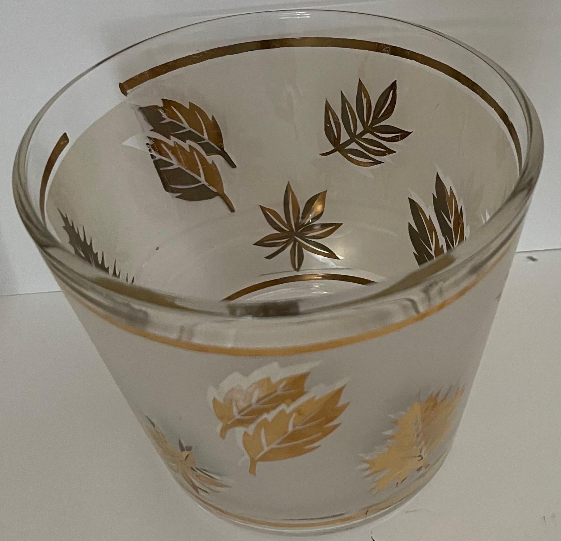 Frosted Golden Foliage Leaf Highball Glasses Set of 8 and Ice Bucket by Libby Glass
