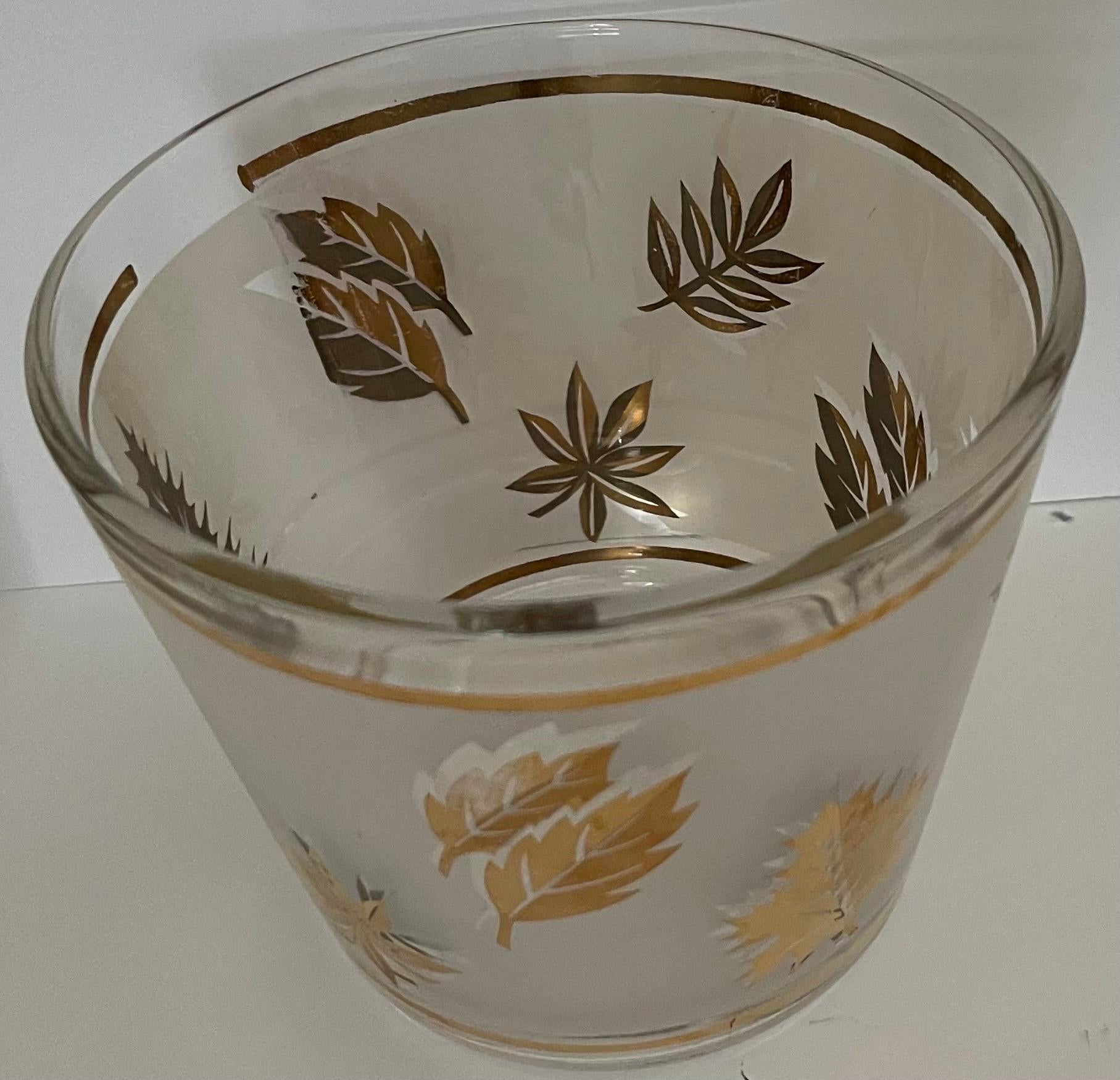American Golden Foliage Leaf Highball Glasses Set of 8 and Ice Bucket by Libby Glass For Sale