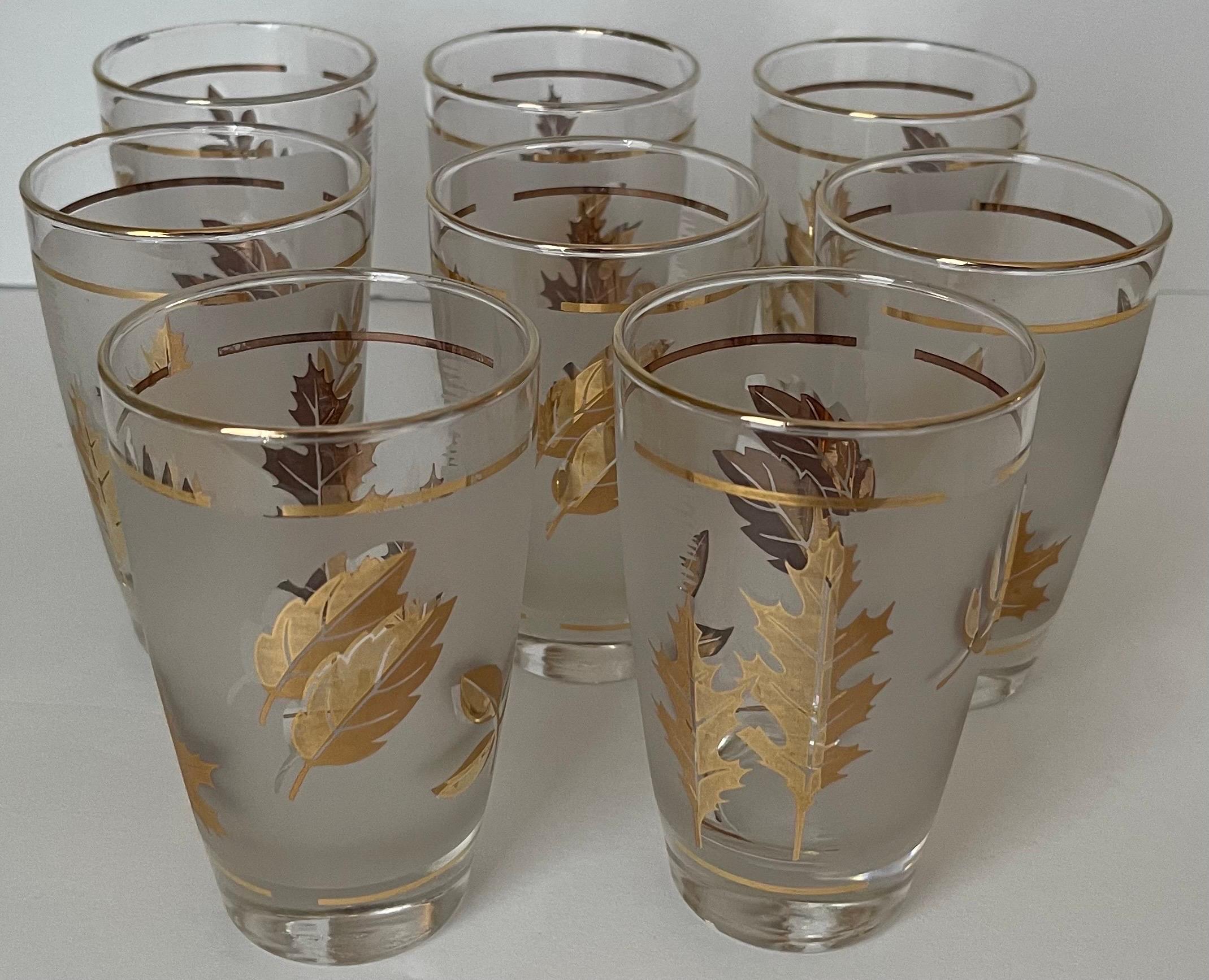 Golden Foliage Leaf Highball Glasses Set of 8 and Ice Bucket by Libby Glass 1