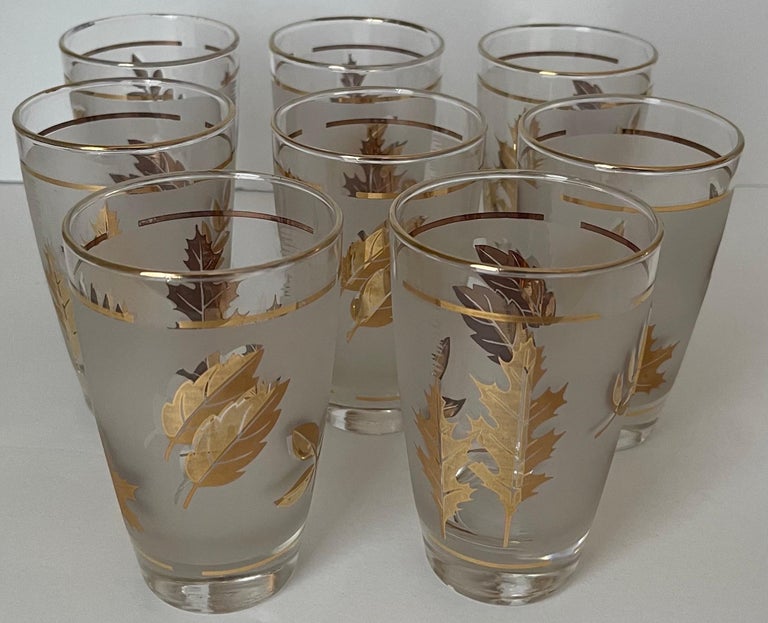 Golden Foliage Leaf Highball Glasses Set of 8 and Ice Bucket by Libby Glass