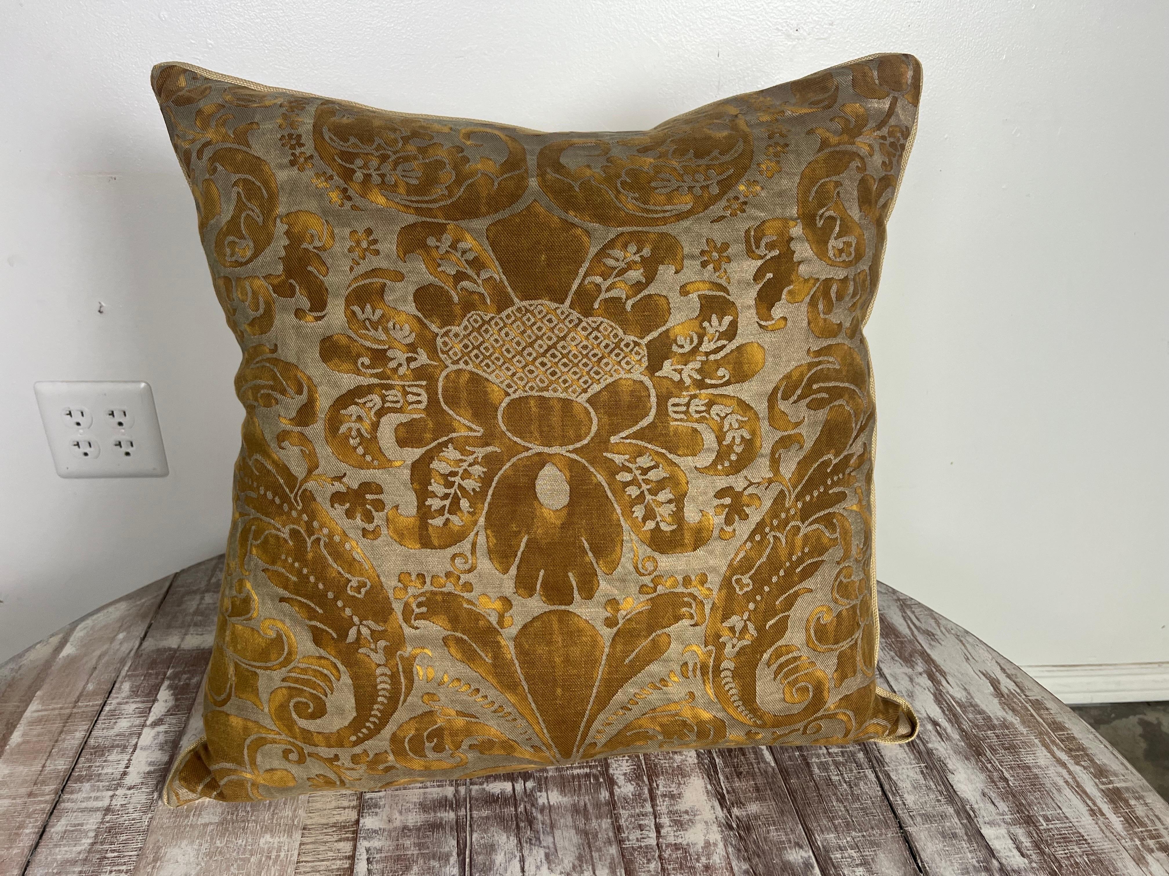 Custom pair of Fortuny pillows made with golden brown & metallic gold cotton fronts and butter colored linen backs.  Down inserts, zipper closures.