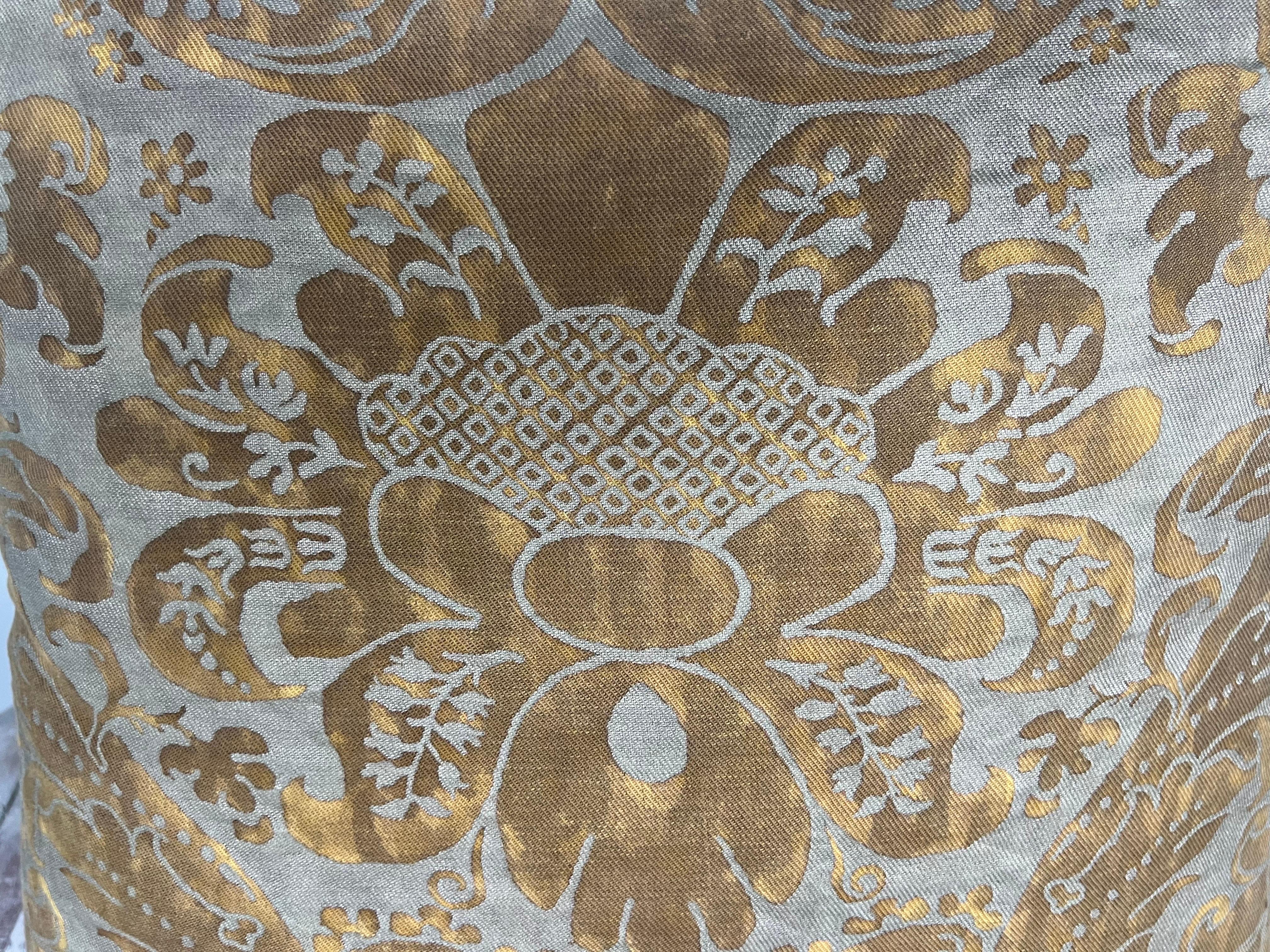 Italian Golden Fortuny Textile Pillows, Pair For Sale