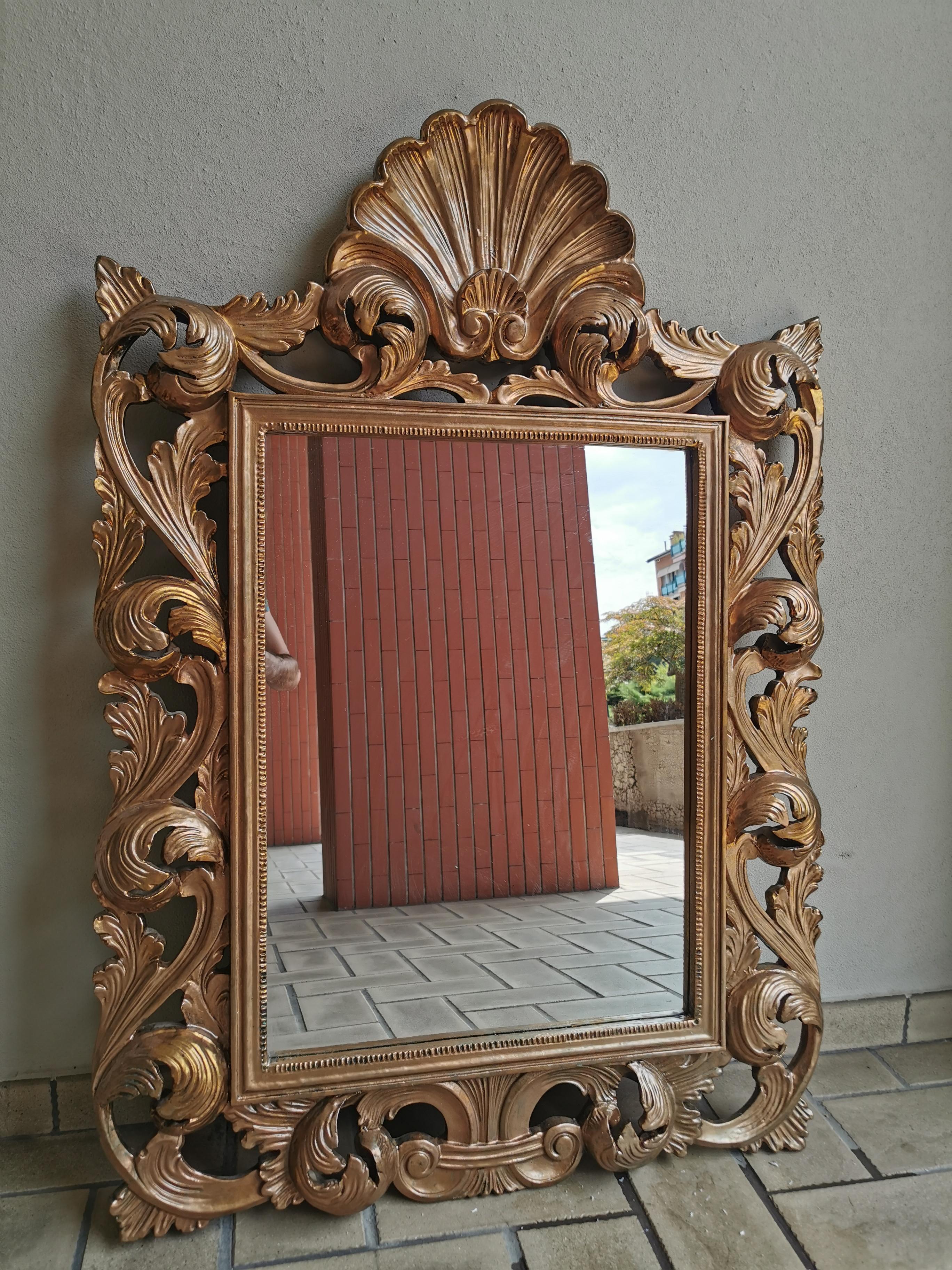 Baroque Golden Framed Hand Crafted Wood Gilded Wall Mirror Early XX. Century Italy