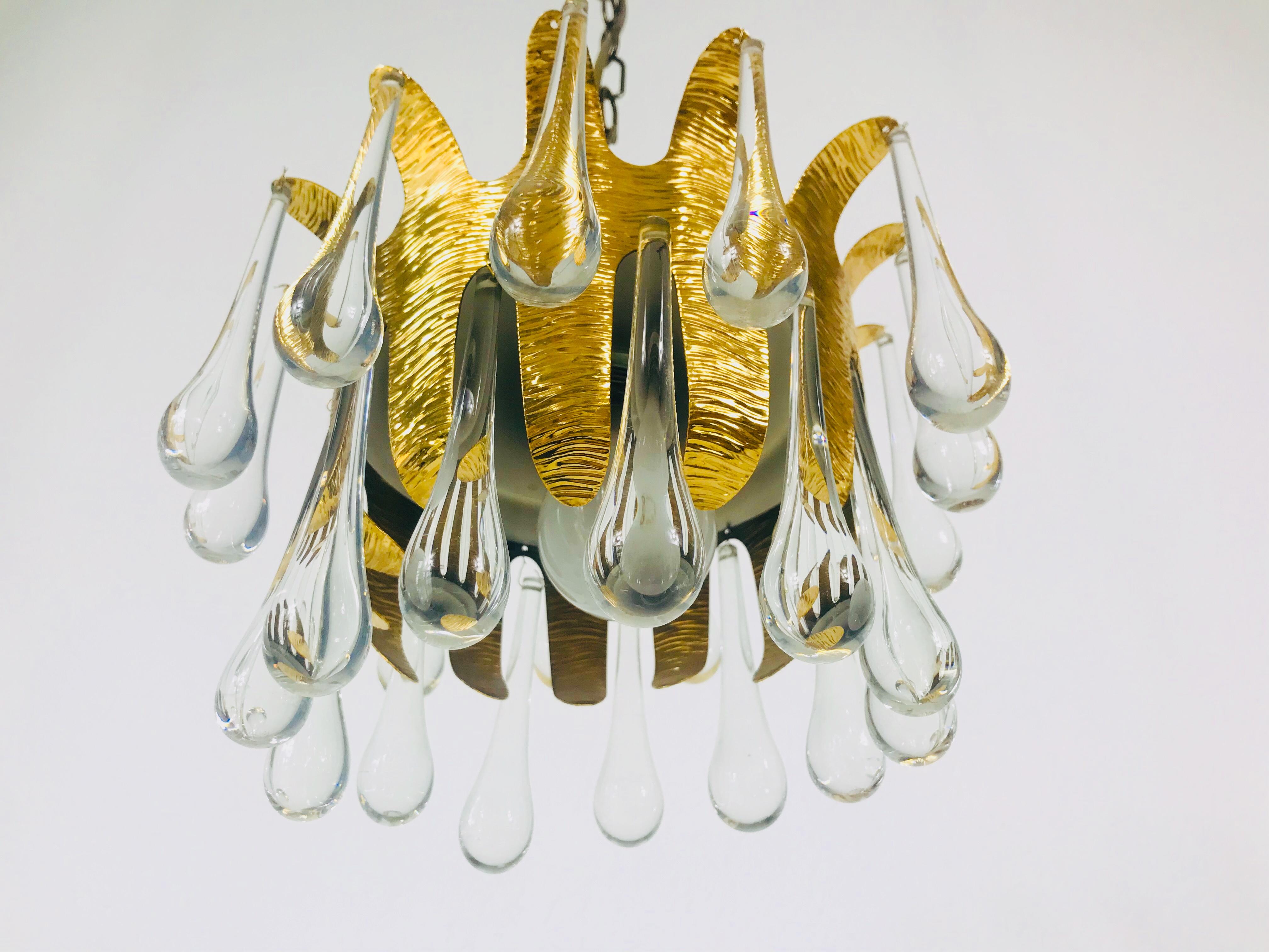 Hollywood Regency Golden Gilded Brass and Crystal Glass Chandelier by Ernst Palme for Palwa, 1960s