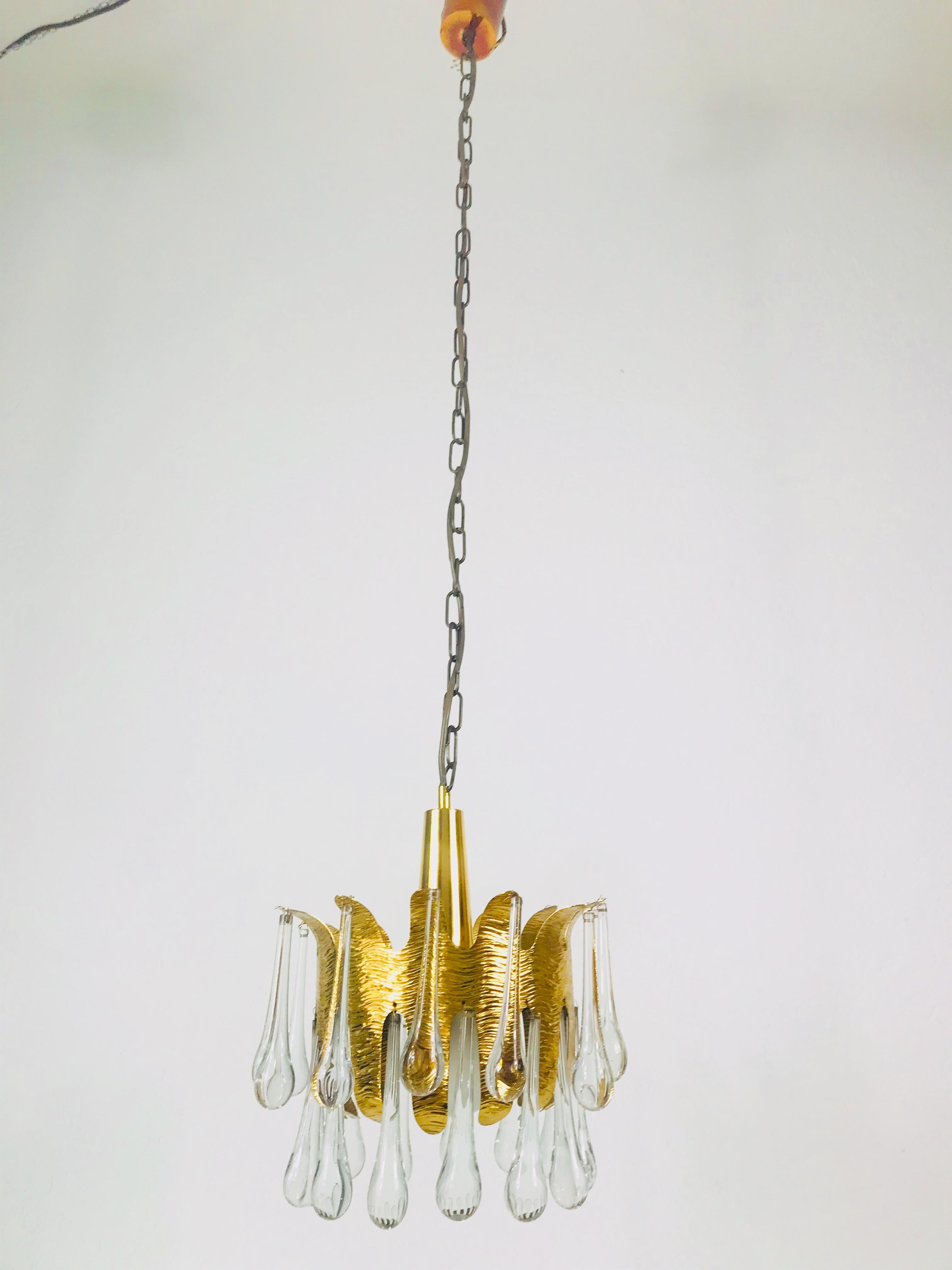 German Golden Gilded Brass and Crystal Glass Chandelier by Ernst Palme for Palwa, 1960s